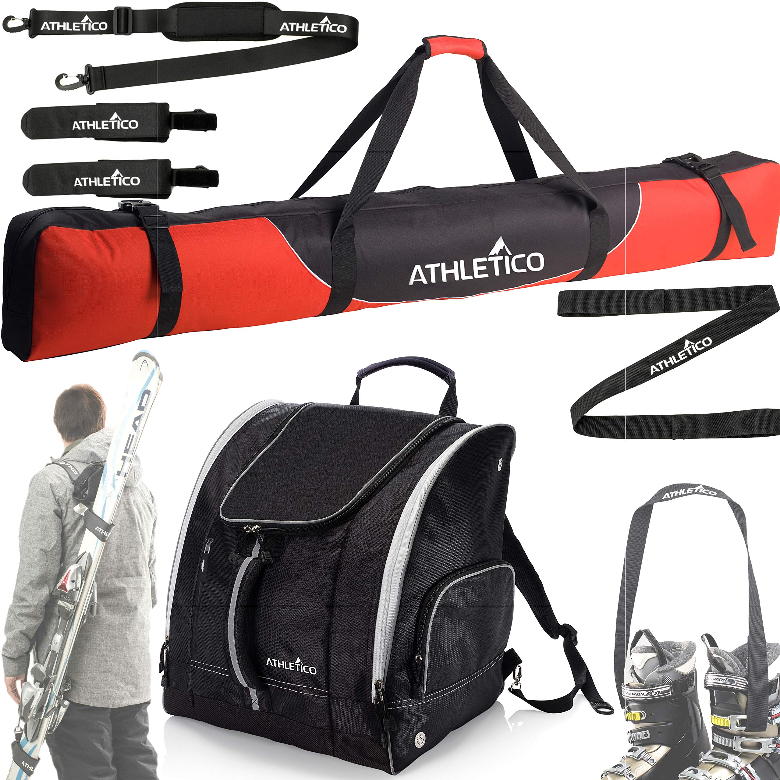 Athletico Mogul Padded Ski Bag Bundle - Ski Bag + Ski Boot Bag + Ski Boot Strap + Ski Carrier - Like New