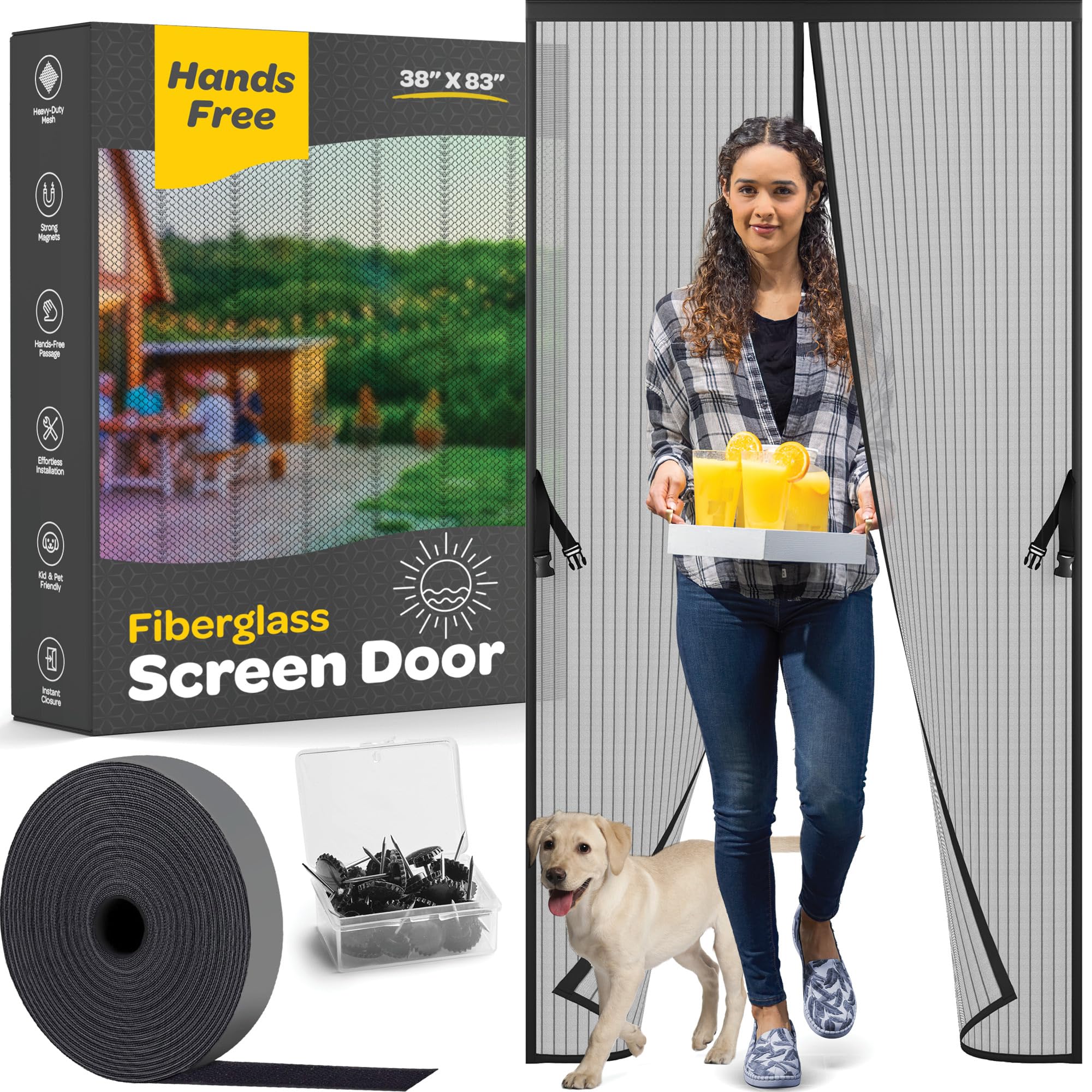 Hands-Free Magnetic Screen Door, Heavy Duty, Self Sealing Screen Door Mesh Protector, Pet and Kid-Friendly, Stay-Open Buckle, Fits Door Size (38" x 83") Keeps Bugs Out While… - Like New