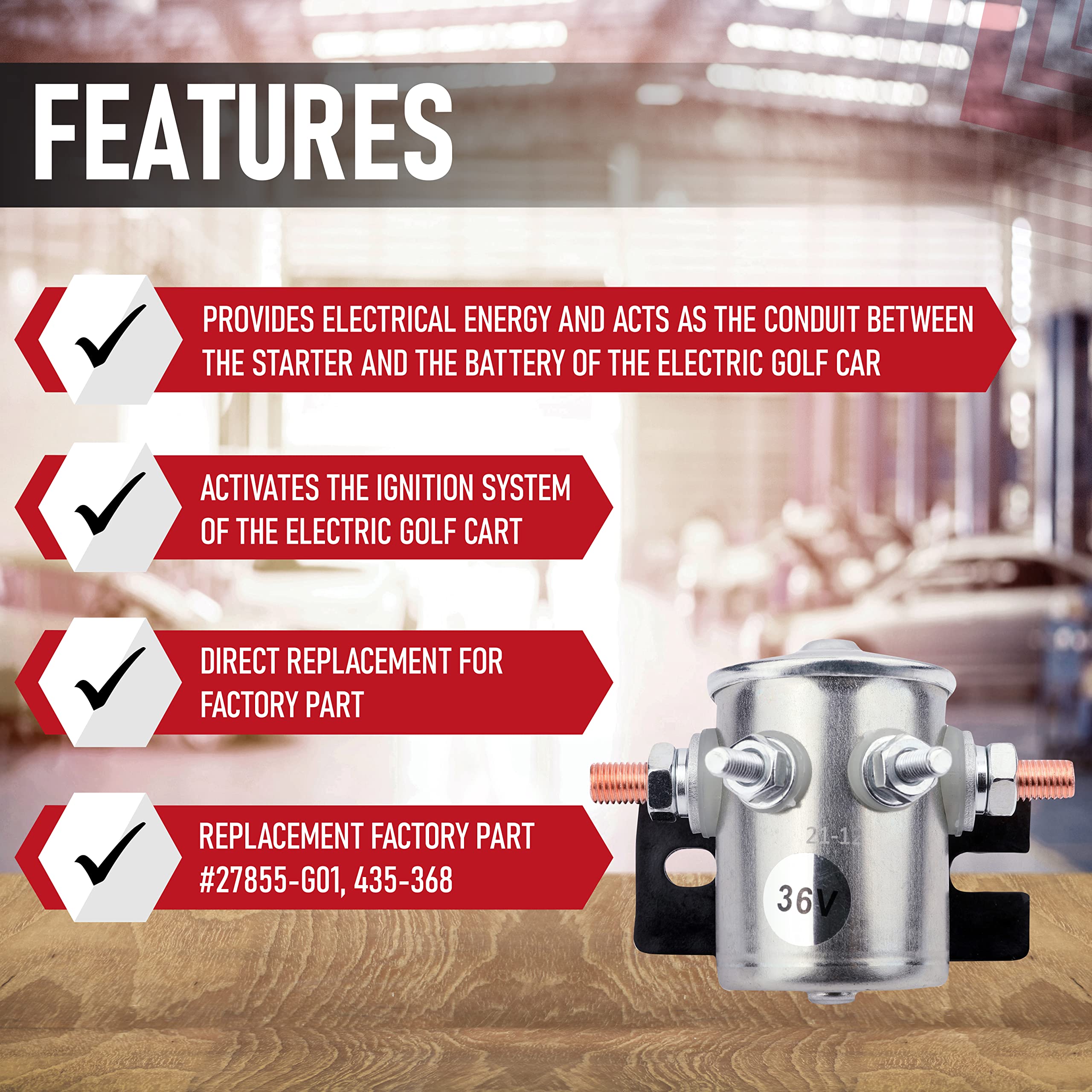 Replacement Volt Continuous Duty Solenoid Relay - Compatible with EZGO 36 Volt Electric Golf Car 1986 and Up, Yamaha Electrical G2, Marathon TXT Series - Replaces 27855G01, 27855G02, 11761G1, 31680G1 - Like New