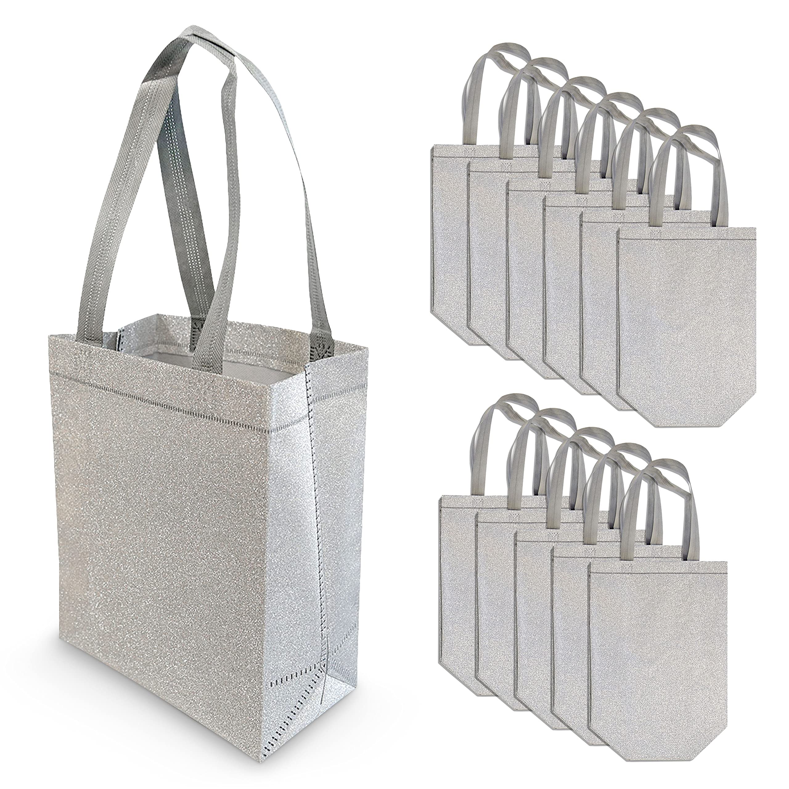 OccasionALL 6x3x8 12 Piece Small Reusable Gift Bags with Handles, Silver Christmas Party Gift Bags for Kids, Small Reusable Grocery Bags Shopping Bags - Like New