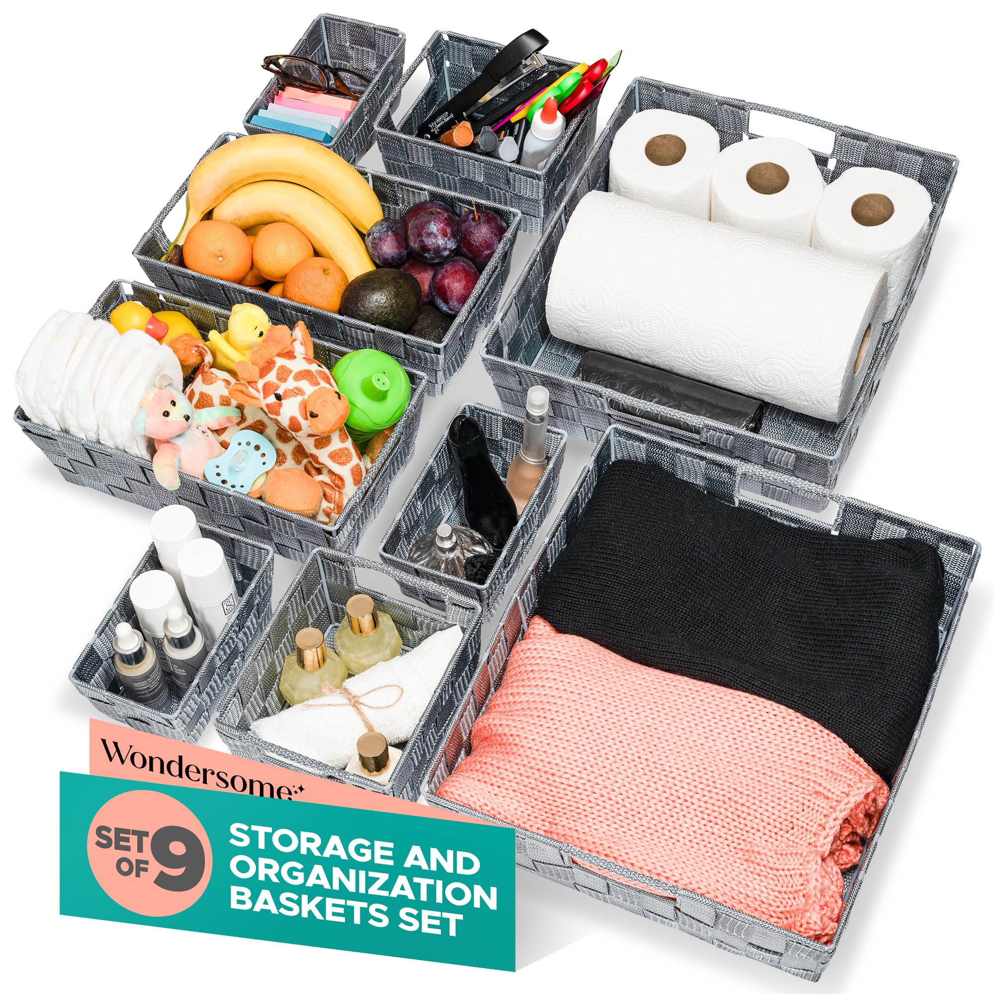 Wondersome Storage Baskets Set - 9-Piece Home Organizer Bins - Woven Fabric Stackable Cube Containers - Closet, Laundry, Pantry, Kitchen, Bathroom, Nursery, Shelf, Dresser Organizing - US-Based Brand - Like New