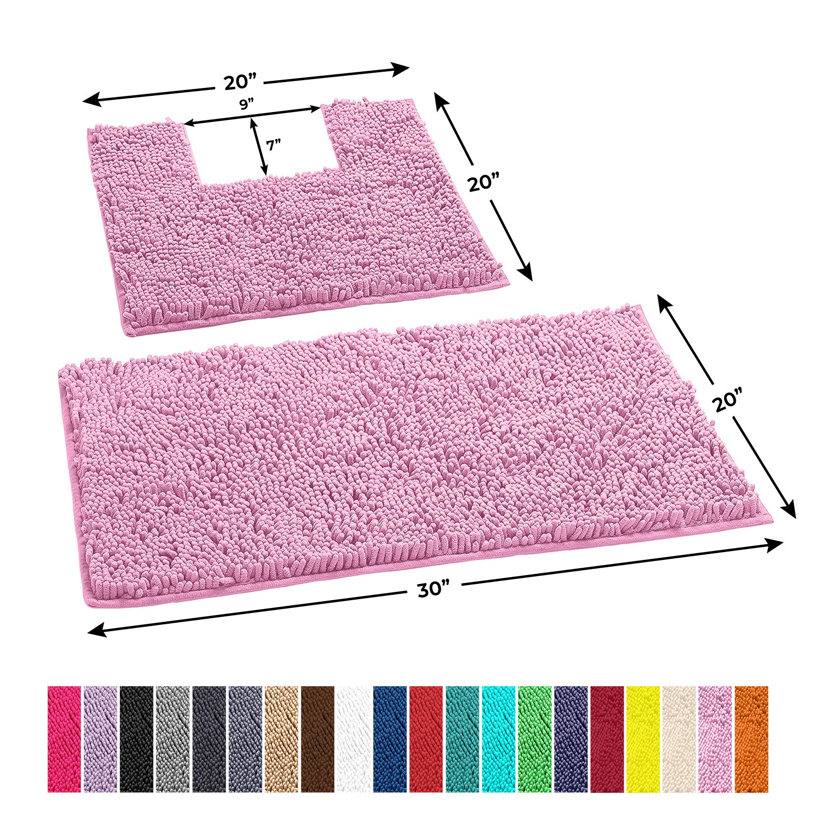 Pink Bathroom Rugs Chenille 2-Piece Bath Mat Set, Soft Plush Bath Rug +Toilet Mat.1'' Microfiber Shaggy Carpet, Super Absorbent Machine Washable (Curved Set Square, Pink) - Like New