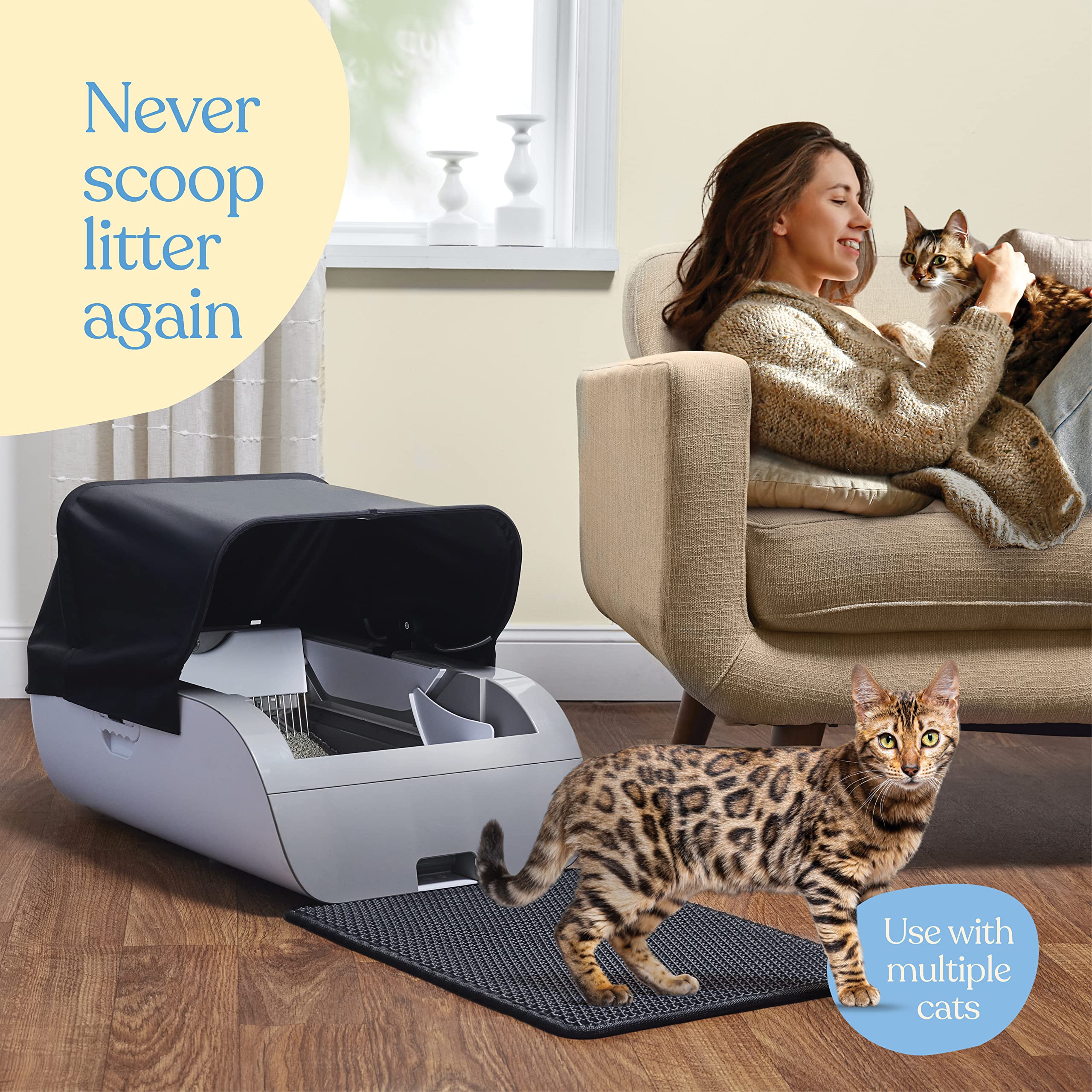 Smart Automatic Cat Litter Box - Self Cleaning Cat Litter Box with Built in Odor Eliminator -Works with Clumping Cat Litter (No Expensive Refills) Large Cat Litter Box with Hood & Litter Mat. - Like New