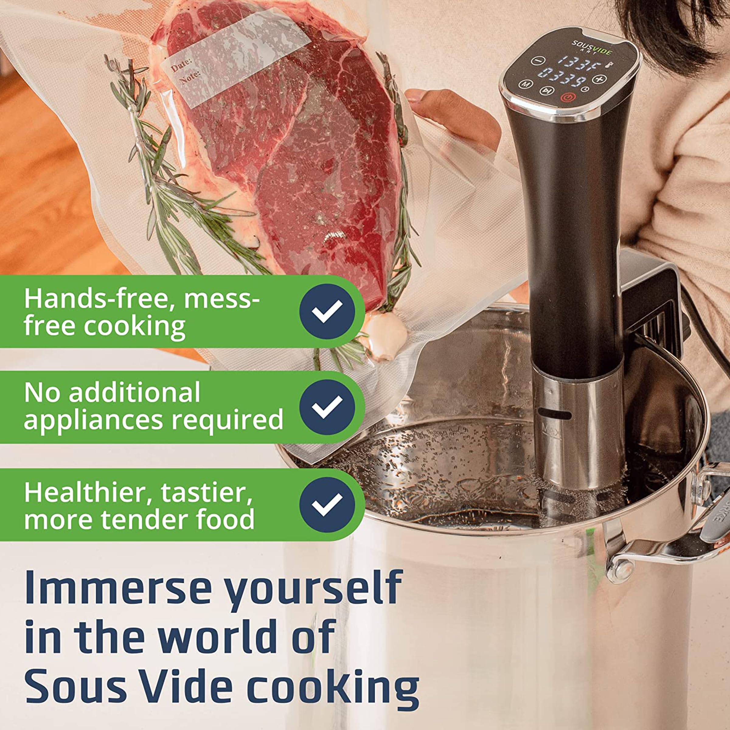 SOUSVIDE ART Sous Vide Immersion Cooker Kit - Machine with Digital Timer, Temp Control, 30 Bags, Vacuum Pump, Suvee Cooker Gift for Chefs - Good