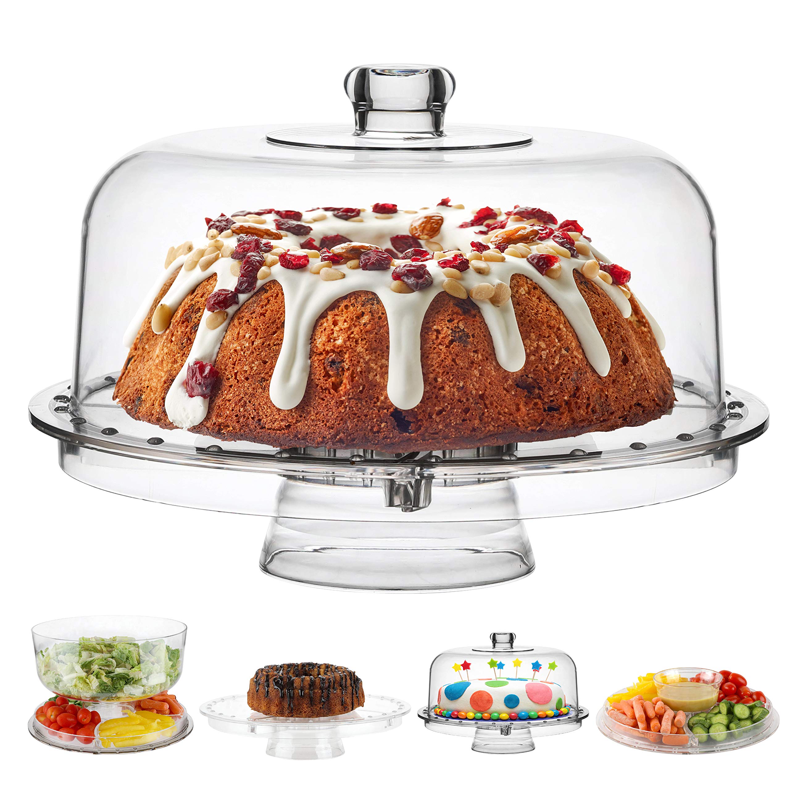 Homeries Acrylic Cake Stand with Dome Cover (6 in 1) Multi-Functional Serving Platter and Cake Plate - Use as Cake Holder, Salad Bowl, Platter, Punch Bowl, Desert Platter, Nachos & Salsa Plate, - Good