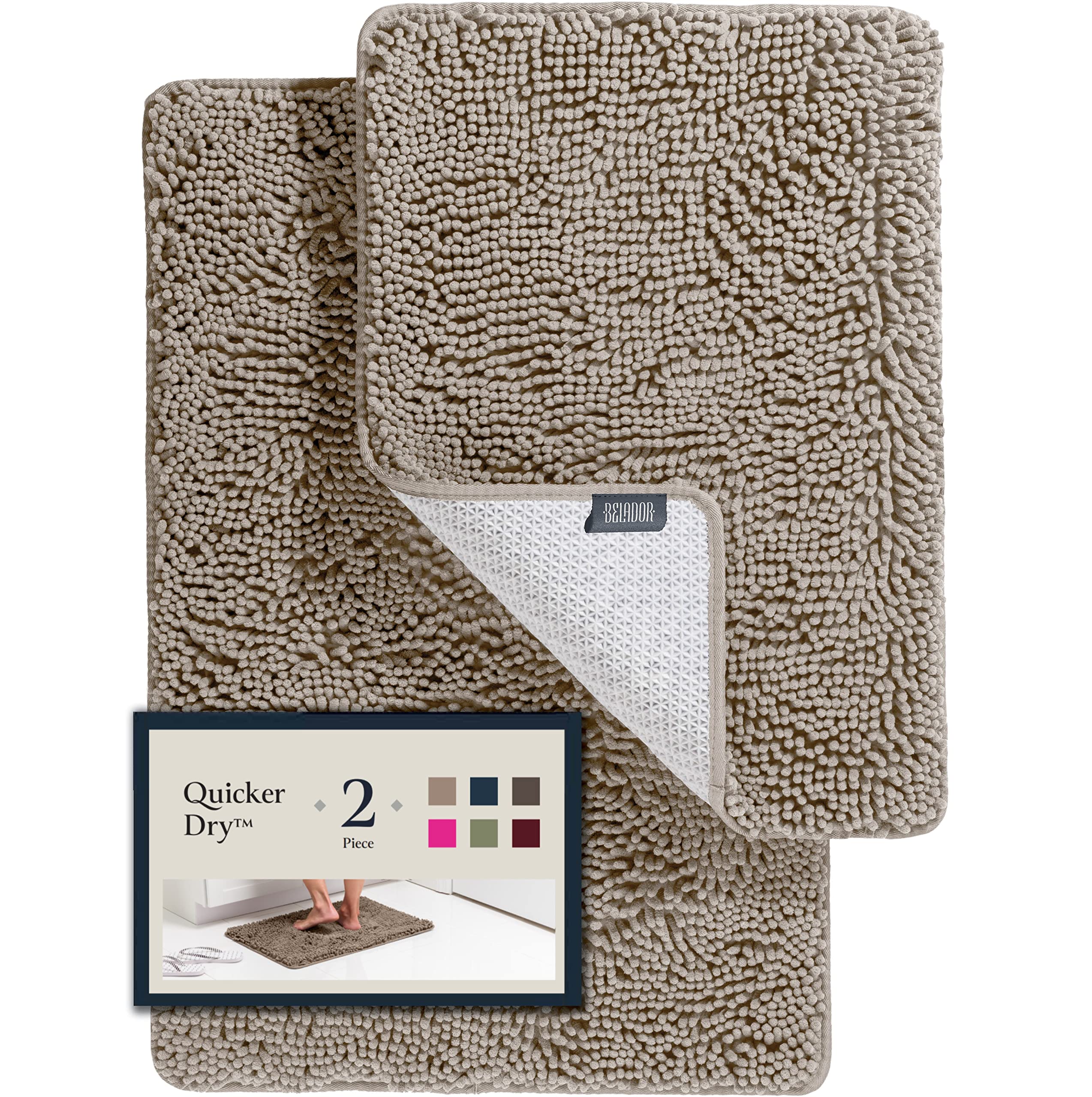 BELADOR Bathroom Rugs Sets 2 Piece- Plush Bath Mat Set Quick-Dry Soft Chenille Bathroom Mat with Rubber Backing, Absorbant Bathroom Rug Set, Washable Bath Rugs for Bathroom- Bath Mats 24x17 + 30x20 - Very Good