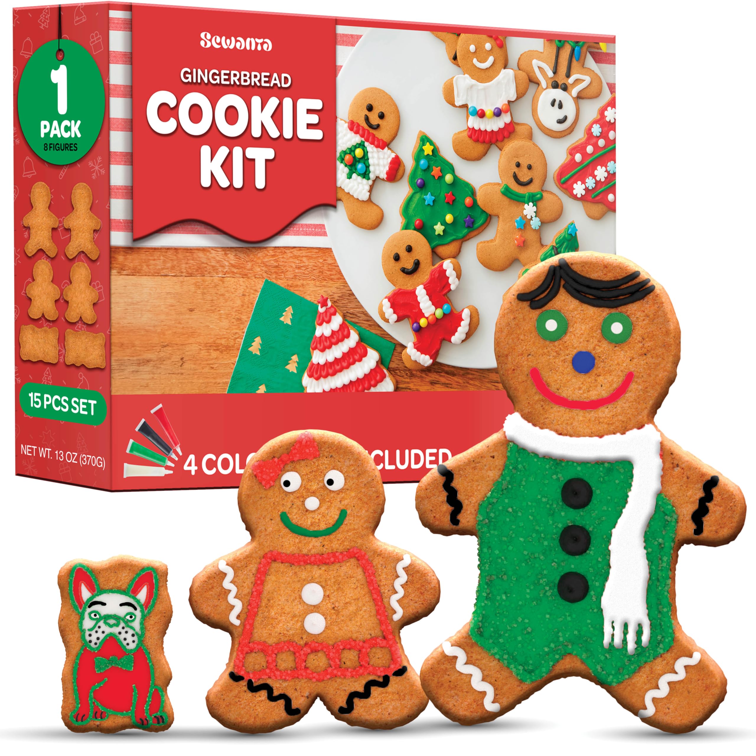 Gingerbread Man & tree Cookie Kit, Holiday Fun Baking Set - Includes: 12 Pre-Baked Cookies, Tons Of Candies, Green Fondant, 3 Colors Icing, Decorating Bags & Tip, Bundled With Fun Holiday Stickers - Like New