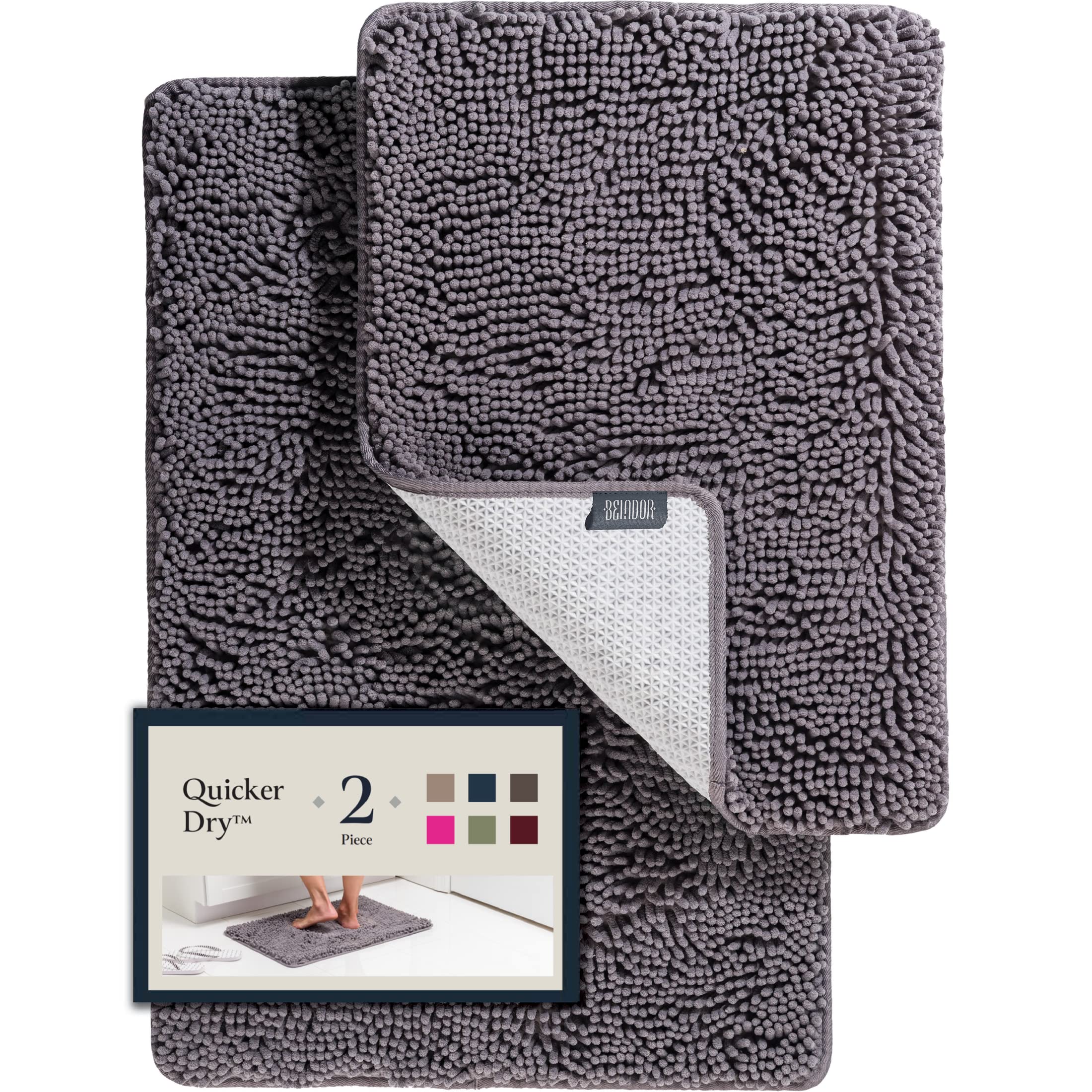 BELADOR Bathroom Rugs Sets 2 Piece - Plush Bath Mat Set Quick-Dry Soft Chenille Bathroom Mat with Rubber Backing, Absorbant Bathroom Rug Set, Washable Bath Rugs for Bathroom- Bath Mats 24x17 + 30x20 - Like New