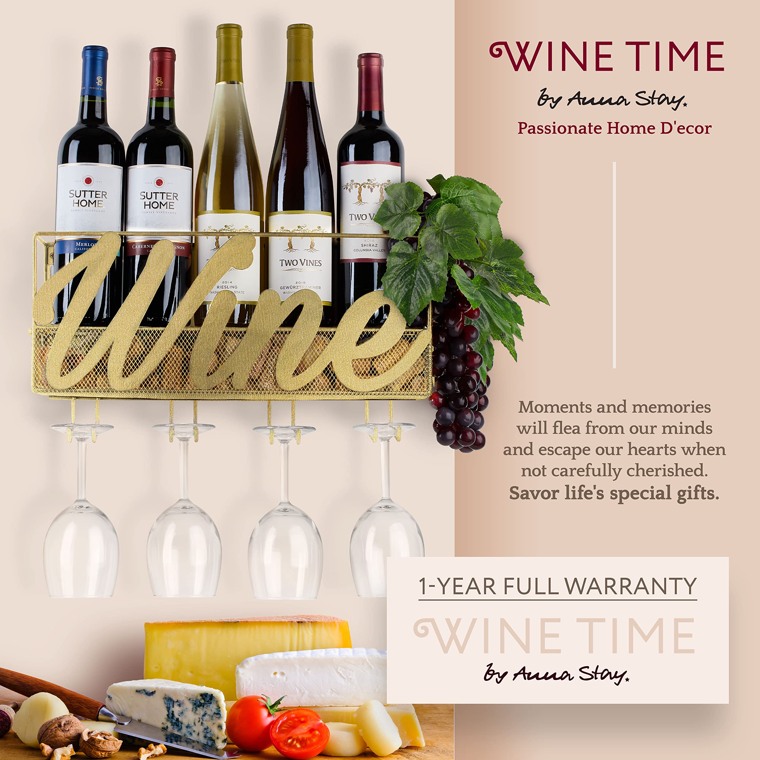 Anna Stay Wine Rack Wall Mounted - Decorative Wine Rack with Wine Glass Holder, Wall Mounted Wine Rack inc Cork Storage & Wine Charms, Wine Gifts with Wine Bottle Holder for Wine Decor - Like New