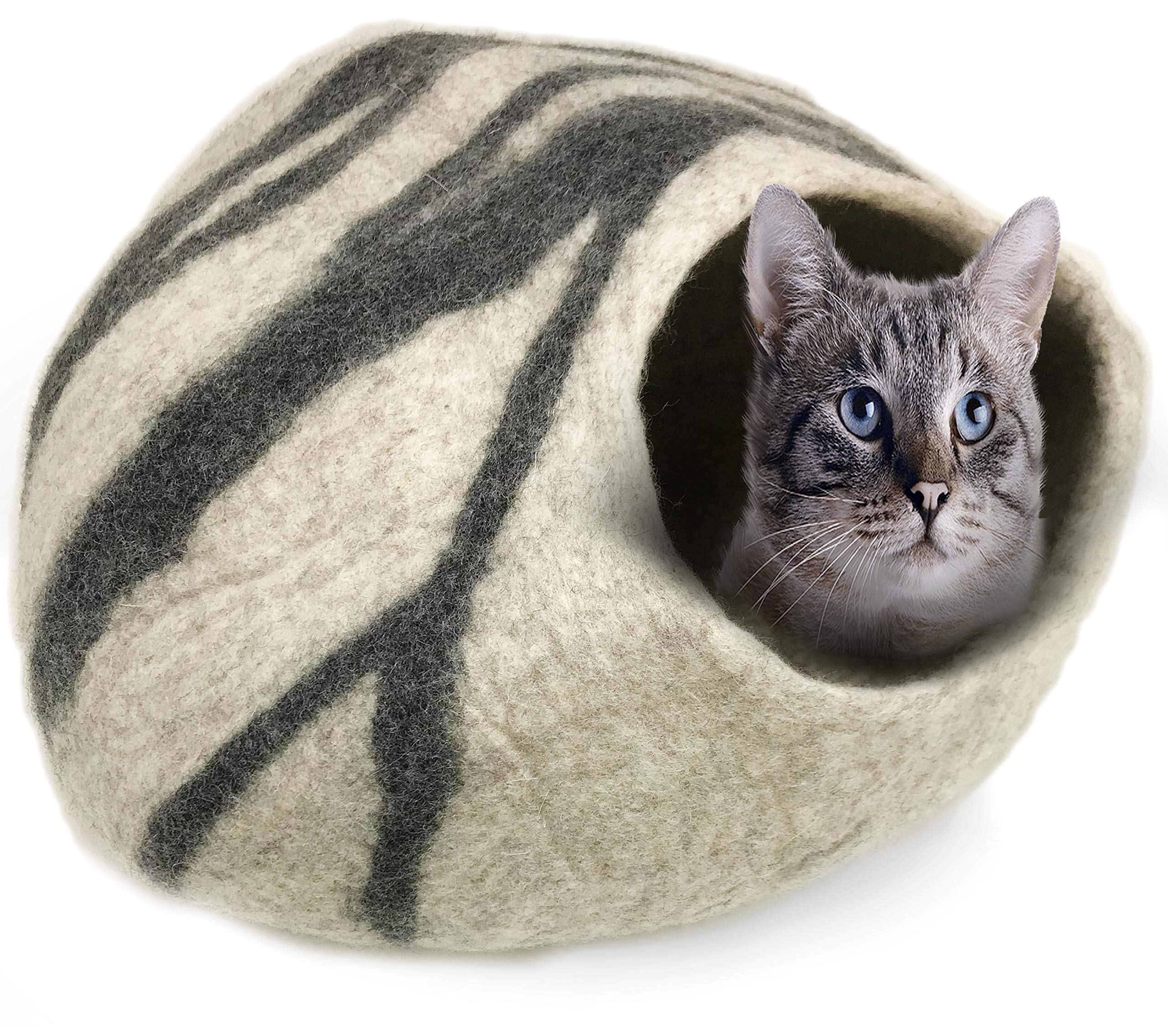 100% Natural Wool Large Cat Cave - Handmade Premium Shaped Felt - Makes Great Covered Cat House and Bed for Kitty. for Indoor Cozy Hideaway. Large Pod Soft Hooded Bed Area. - Like New