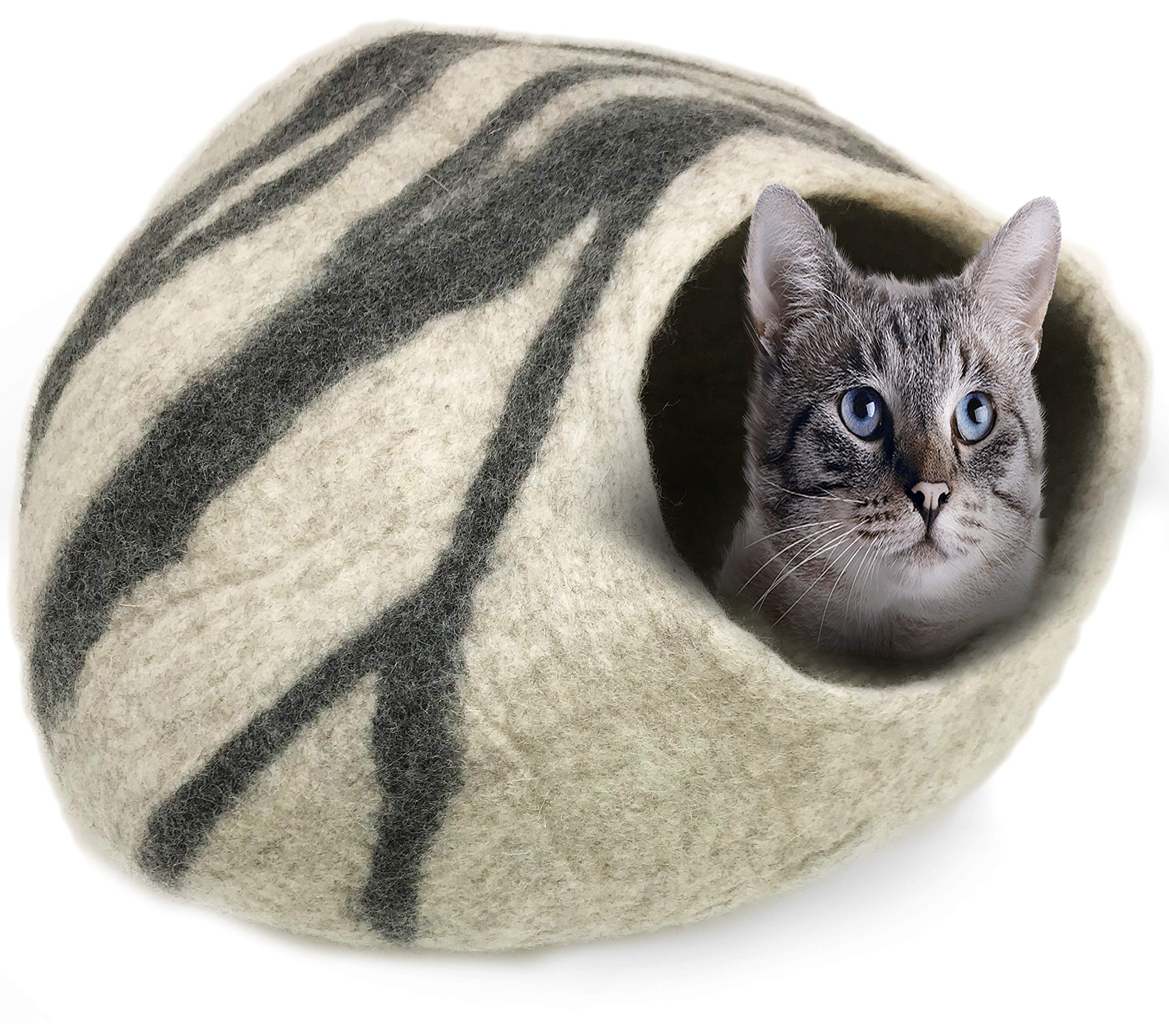 100% Natural Wool Large Cat Cave - Handmade Premium Shaped Felt - Makes Great Covered Cat House and Bed for Kitty. for Indoor Cozy Hideaway. Large Pod Soft Hooded Bed Area.  - Like New