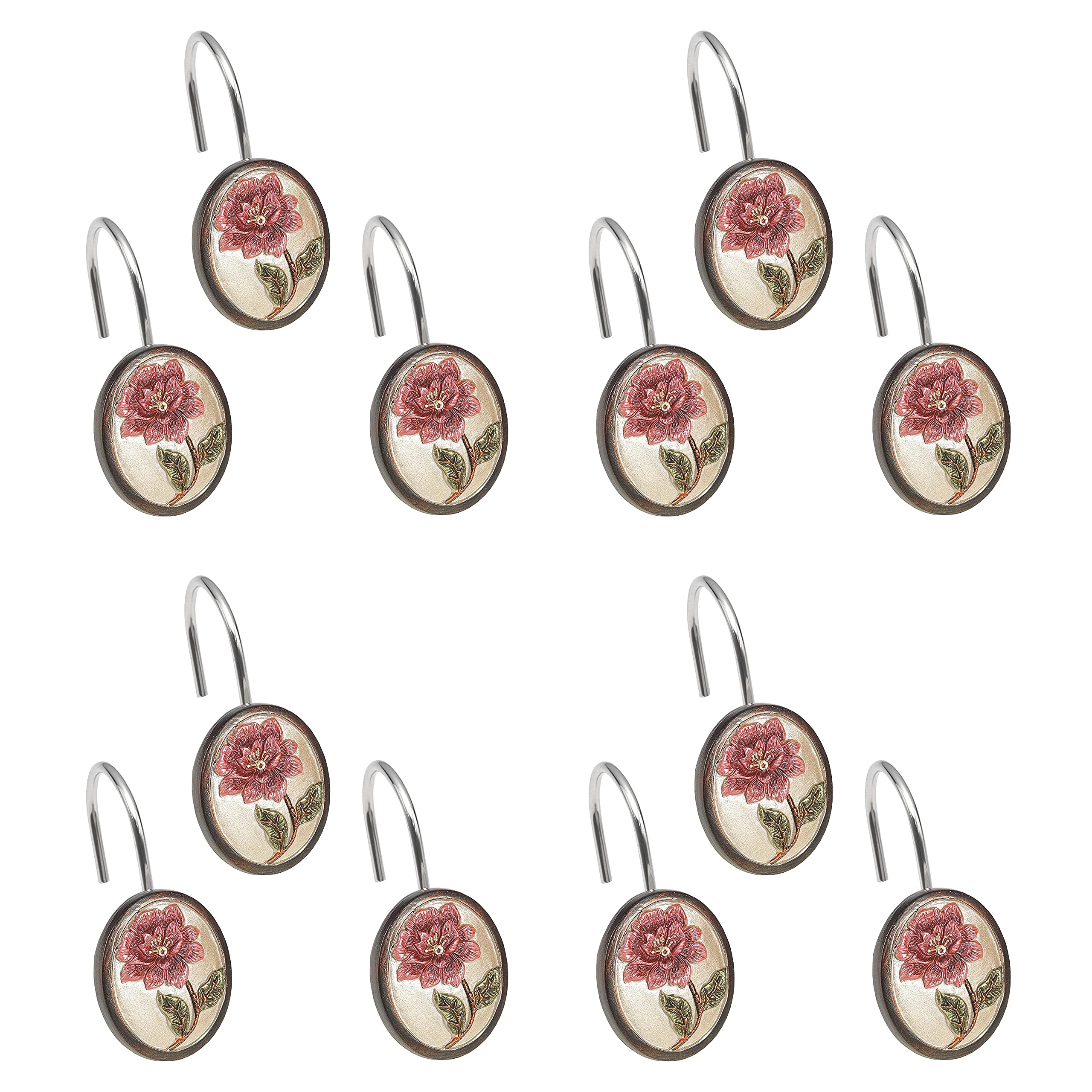 Popular Bath Shower Curtain Hooks, Larrisa Collection, Set of 12, Rose Design - Like New