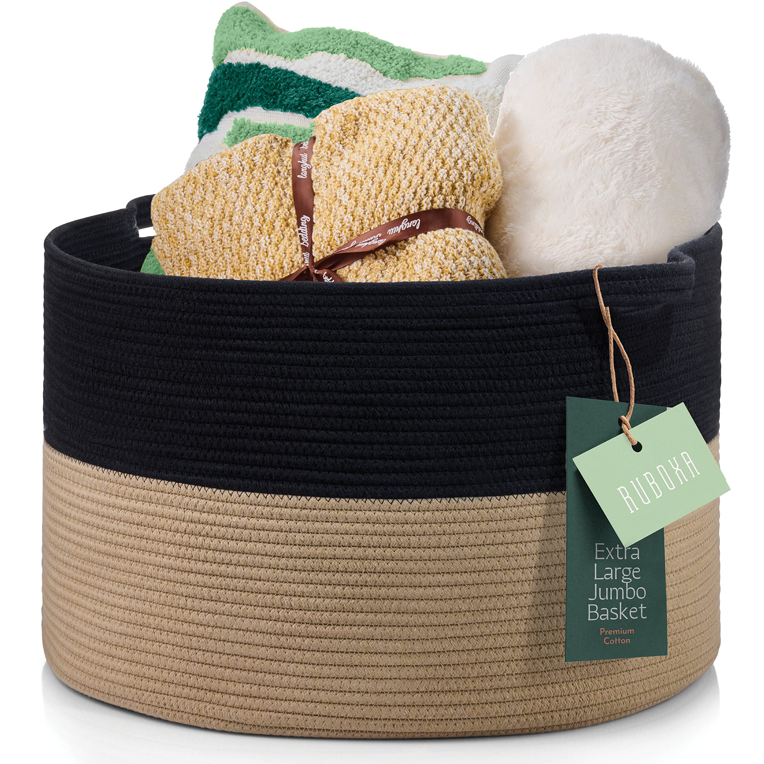 Decorative Jumbo Blanket Basket for Living Room - 100% Cotton Rope Woven Basket for Storage with 2 Easy Carry Handles, (Holds up to 40Lb) for Pillows, Blankets, Laundry Hamper & Baby Toy Bin, Etc. - Like New