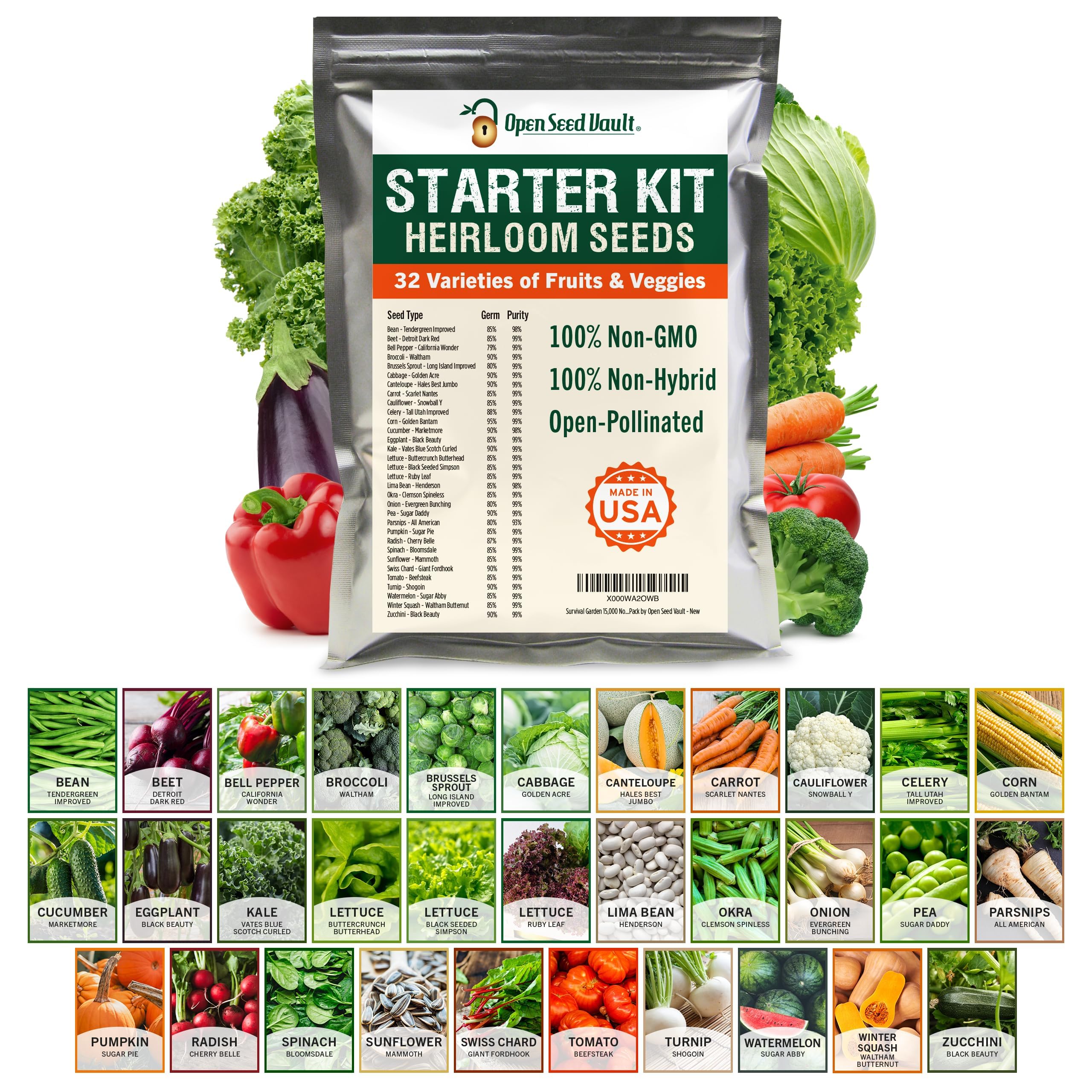 Open Seed Vault 15,000 Non GMO Heirloom Vegetable Seeds for Planting Vegetables and Fruits (32 Variety Pack) - Gardening Seed Starter Kit, Survival Gear Food, Gardening Gifts, Prepper Supplies - Like New