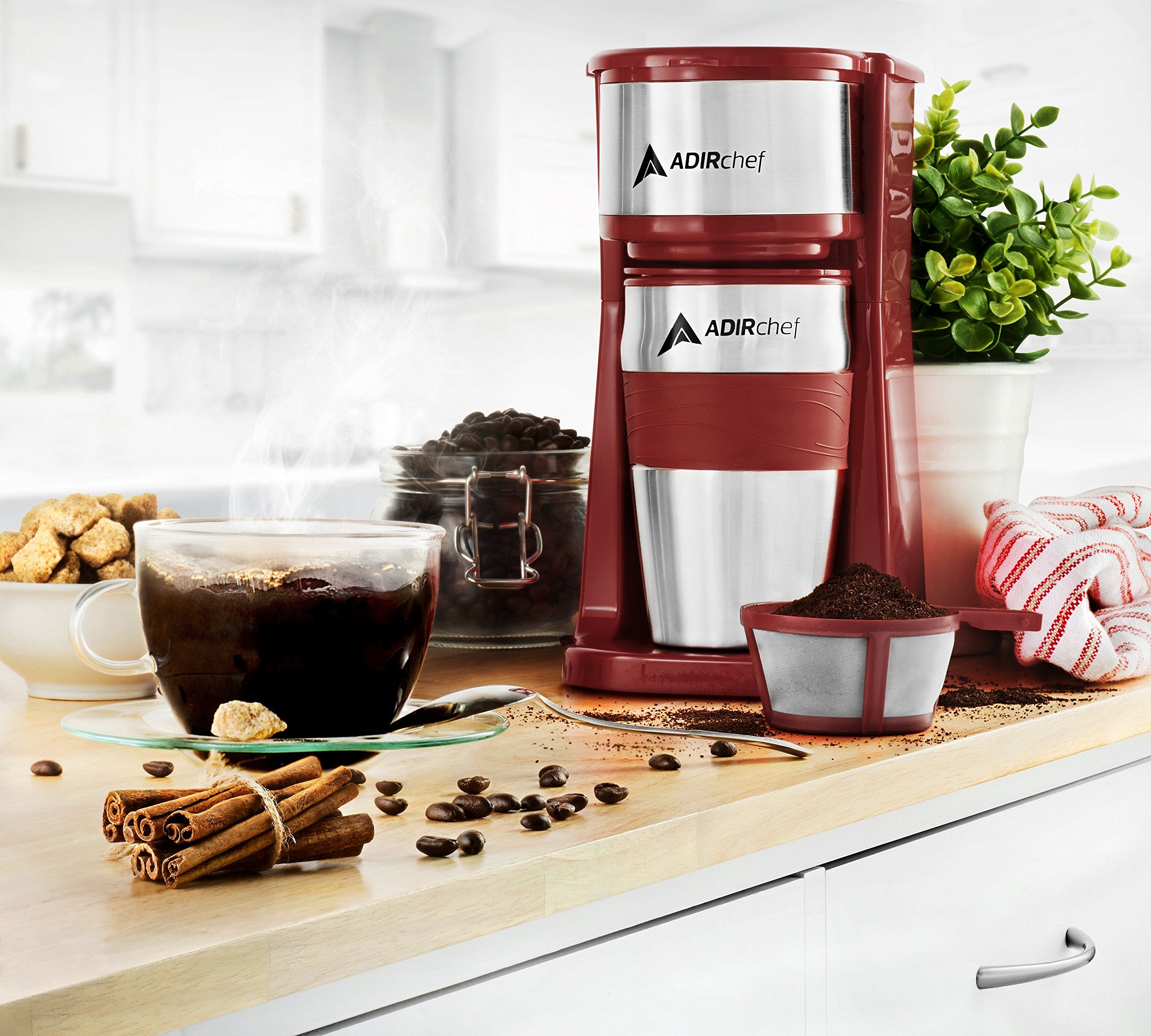 AdirChef Single Serve Mini Travel Coffee Maker & 15 oz. Travel Mug Coffee Tumbler & Reusable Filter for Home, Office, Camping, Portable Small and Compact for Fathers Day (Ruby Red) - Good