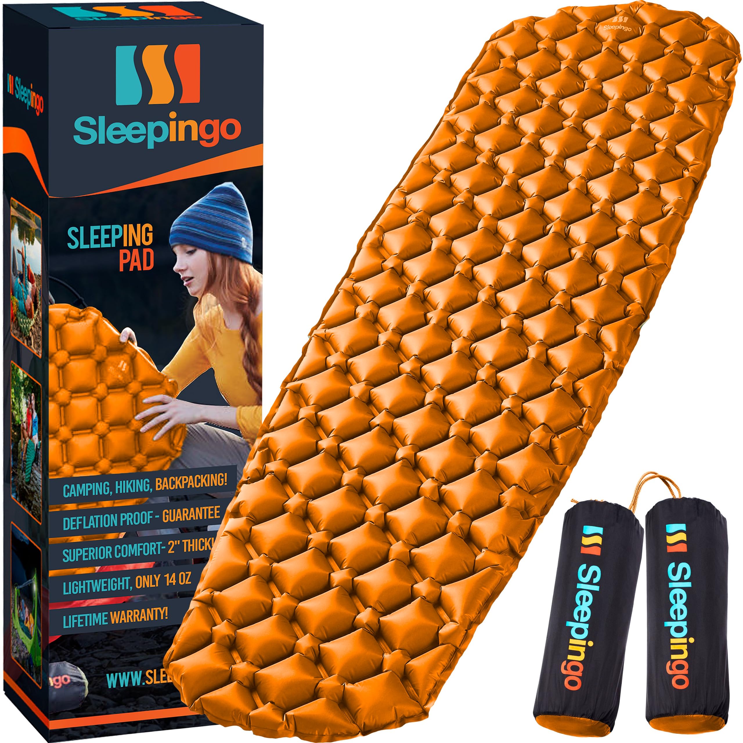 Sleepingo Sleeping Pad for Camping - Ultralight Sleeping Mat for Camping, Backpacking, Hiking - Lightweight, Inflatable & Compact Camping Air Mattress - Inflatable Camping Mat (Orange, 2 Pack)  - Like New