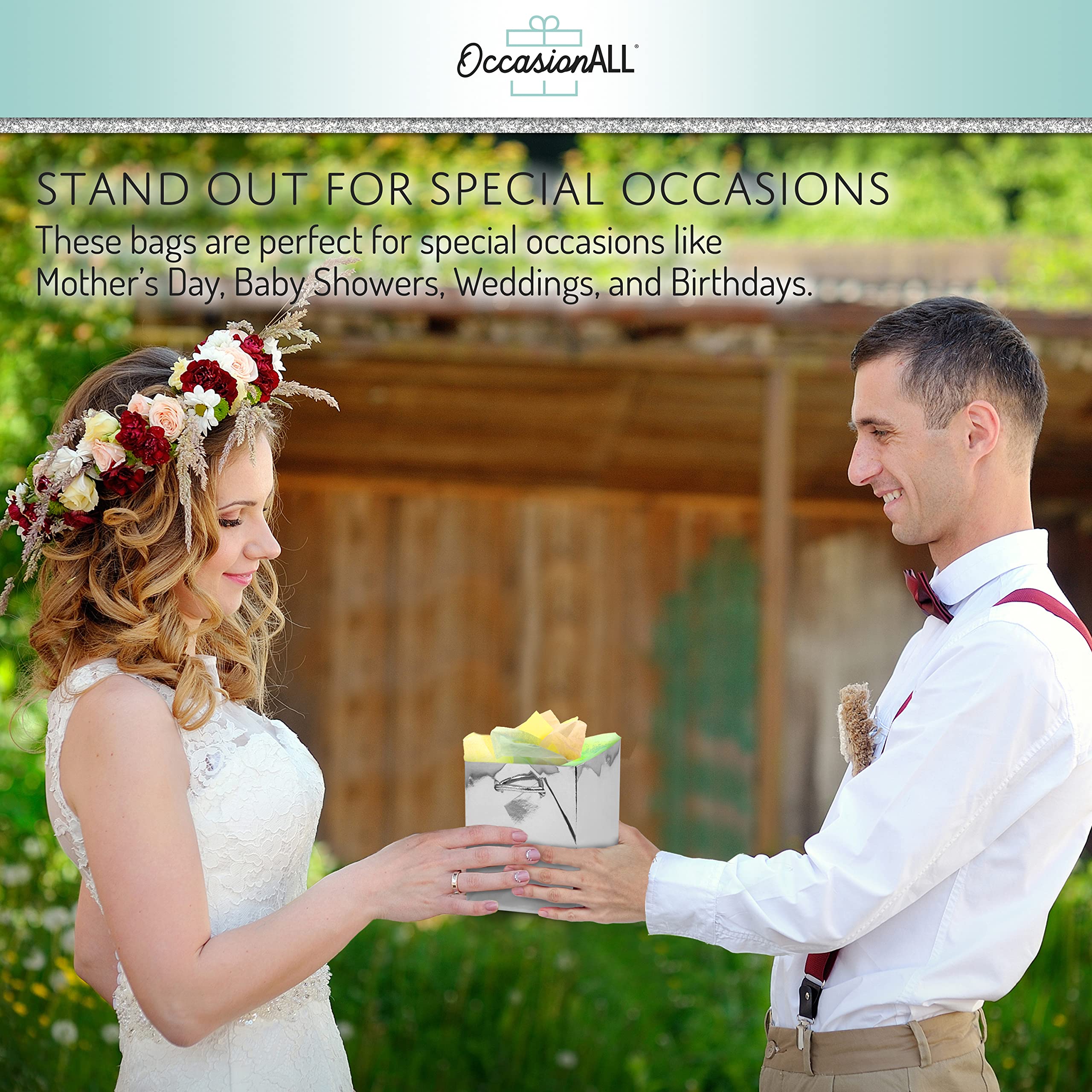 4x2.75x4.5" 12 Pcs. Small Metallic Silver Paper Gift Bags with Metallic Handles, Party Favor Bags for Birthday Parties, Weddings Gifts - Acceptable