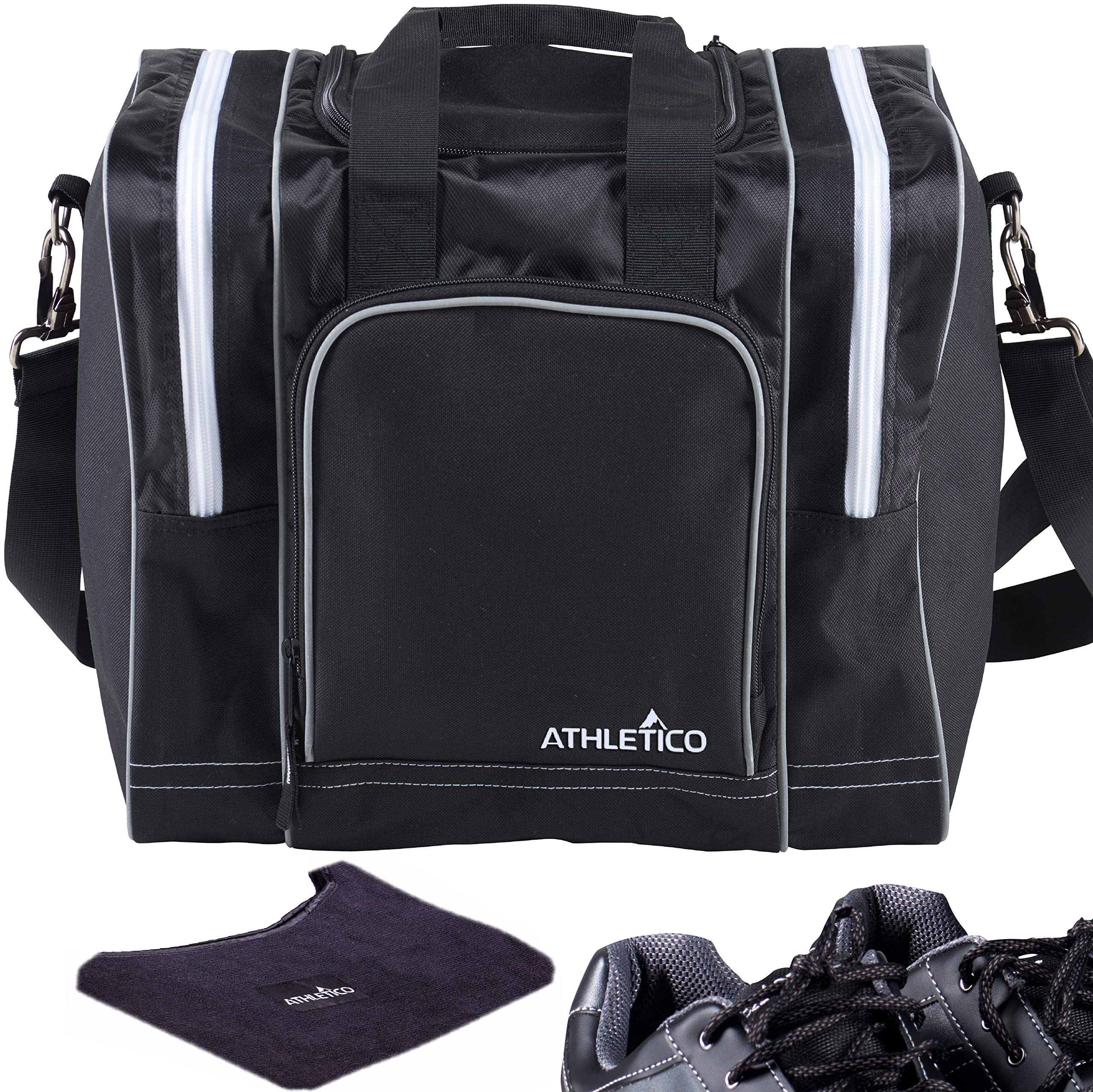 Athletico Bowling Bag & Seesaw Polisher Bundle - Single Ball Tote Bag With Padded Ball Holder - Fits a Single Pair of Bowling Shoes Up to Mens Size 14 (Black) - Acceptable