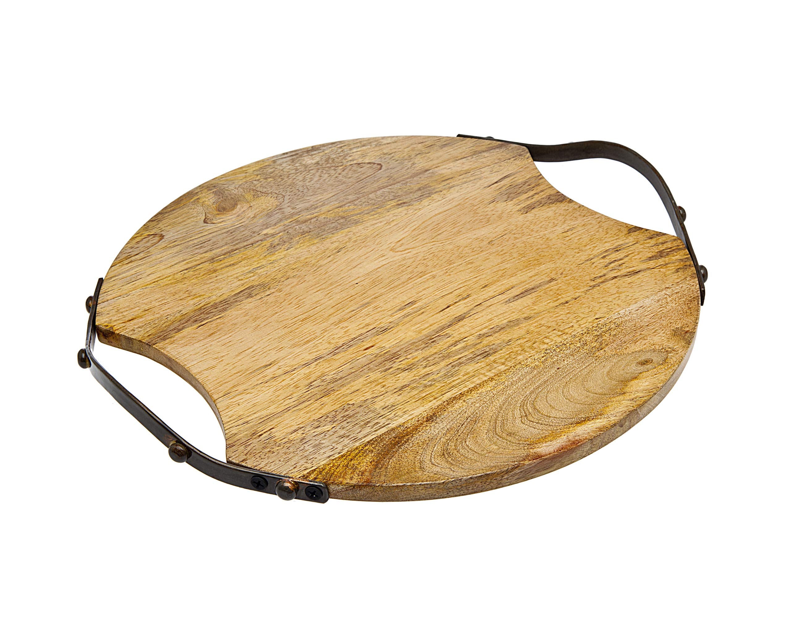 Godinger Wood Serving Tray, Charcuterie Platter Cheese Board with Metal Handles - Round - Large - Very Good