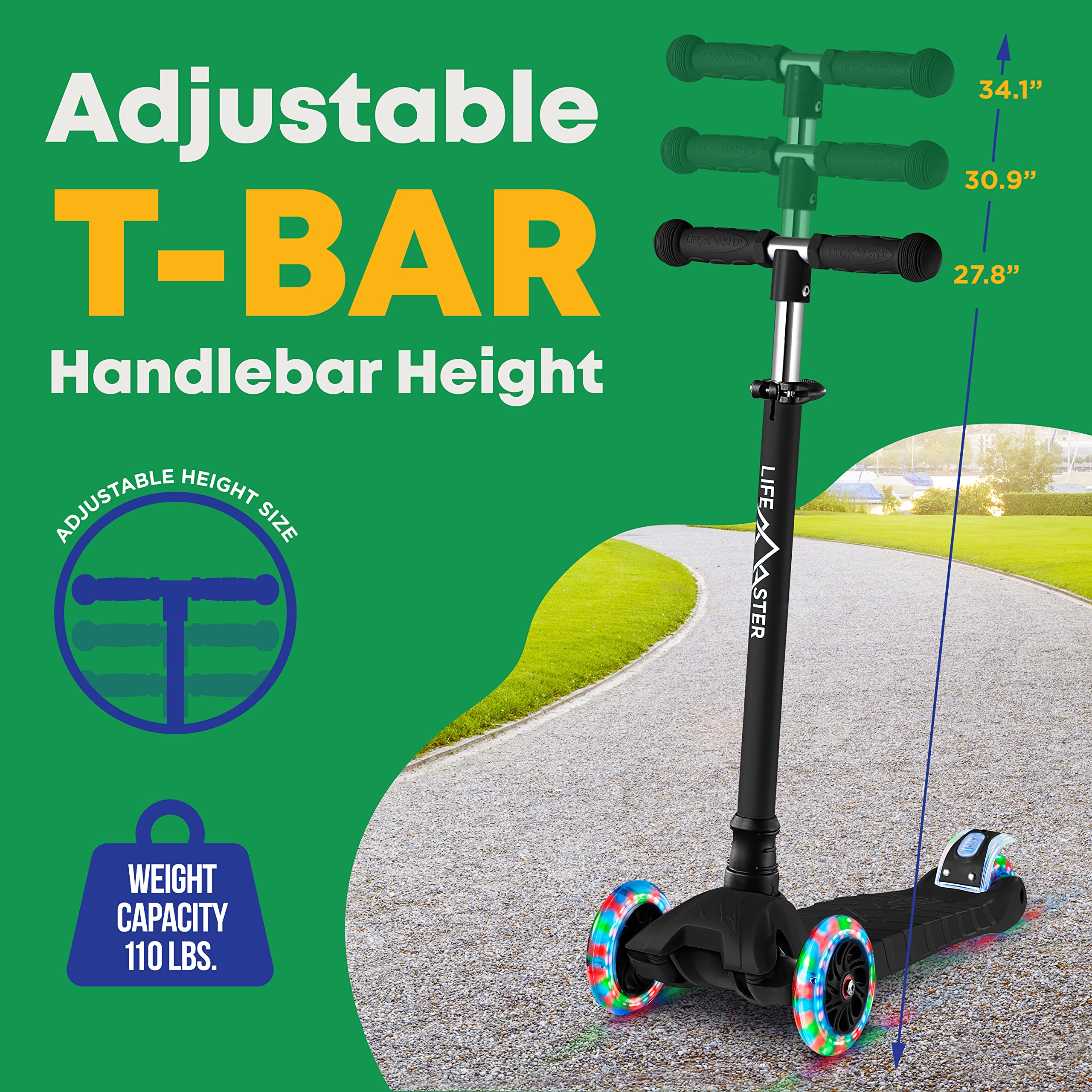 Kids Scooter – Children and Toddler 3 Wheel Kick Scooter – LED Wheel Lights Illuminate When Rolling– Adjustable Handlebar – Indoor and Outdoor - by Lifemaster  - Acceptable