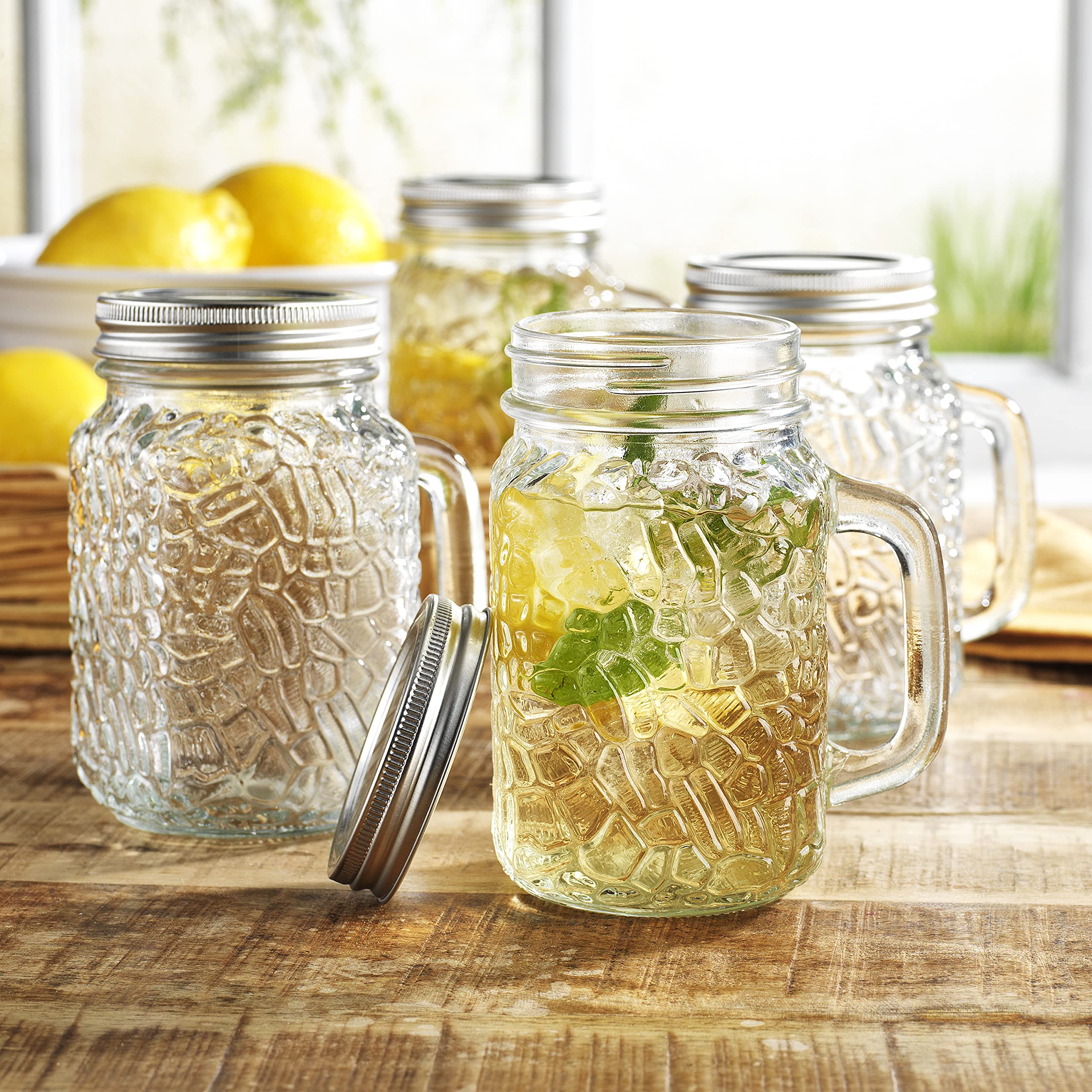 Mason Jar 16 Oz. Glass Mugs with Handle and Lid - Old Fashioned Drinking Glass Bottles Original Mason Jar Pint Sized Cup Set. - Good