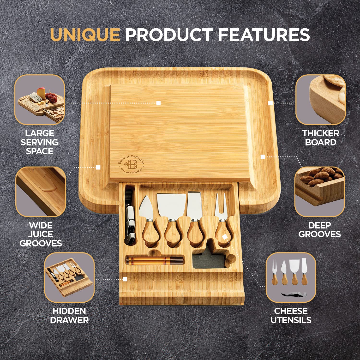 Charcuterie Boards Gift Set - Bamboo Cheese Board, Large Charcuterie Board - Unique Gifts for Women - Mothers Day, House Warming Gifts New Home - Wedding Gifts for Couple, Bridal Shower Gift. Bamb�si