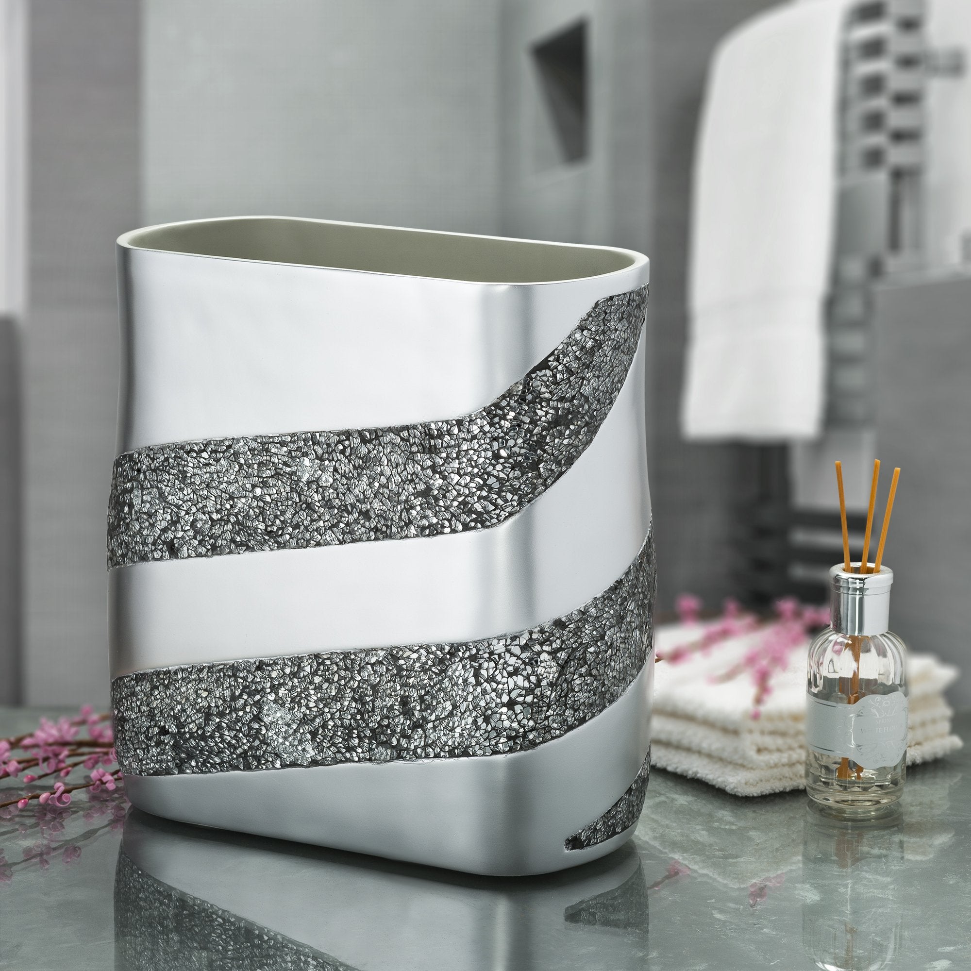 Creative Scents Silver Mosaic Bathroom Trash Can - Decorative Waste Basket for Bathroom - Durable Slim Small Garbage Can for Bathroom, Powder Room, Bedroom, Living Room Or Office - Space Friendly - Like New