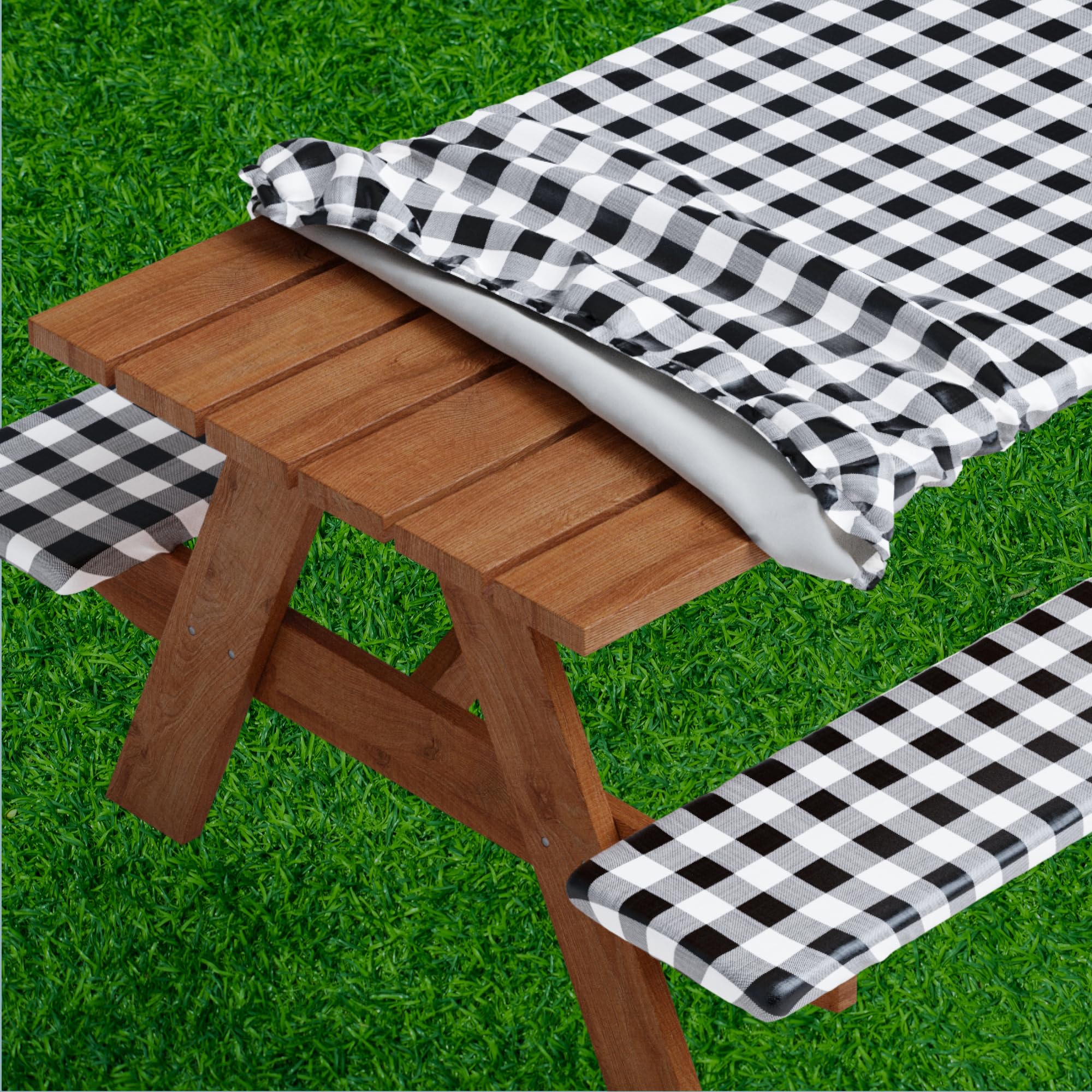Sorfey Picnic Table Cover with Bench Covers -Fitted with Elastic, Vinyl with Flannel Back, Fits for Table 30"x 96" Rectangle,Water Proof, Checked Yellow Design - Like New