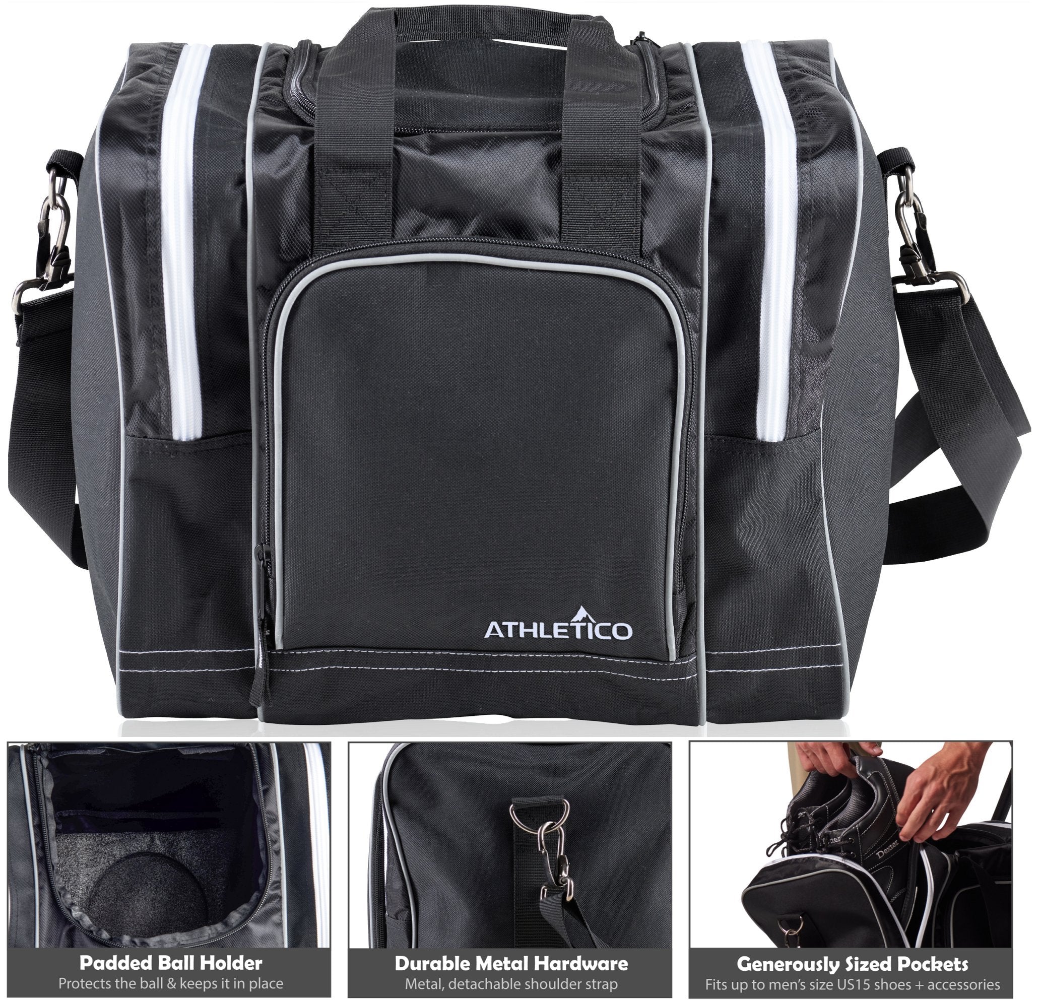 Athletico Bowling Bag for Single Ball - Single Ball Tote Bag With Padded Ball Holder - Fits a Single Pair of Bowling Shoes Up to Mens Size 14  - Good