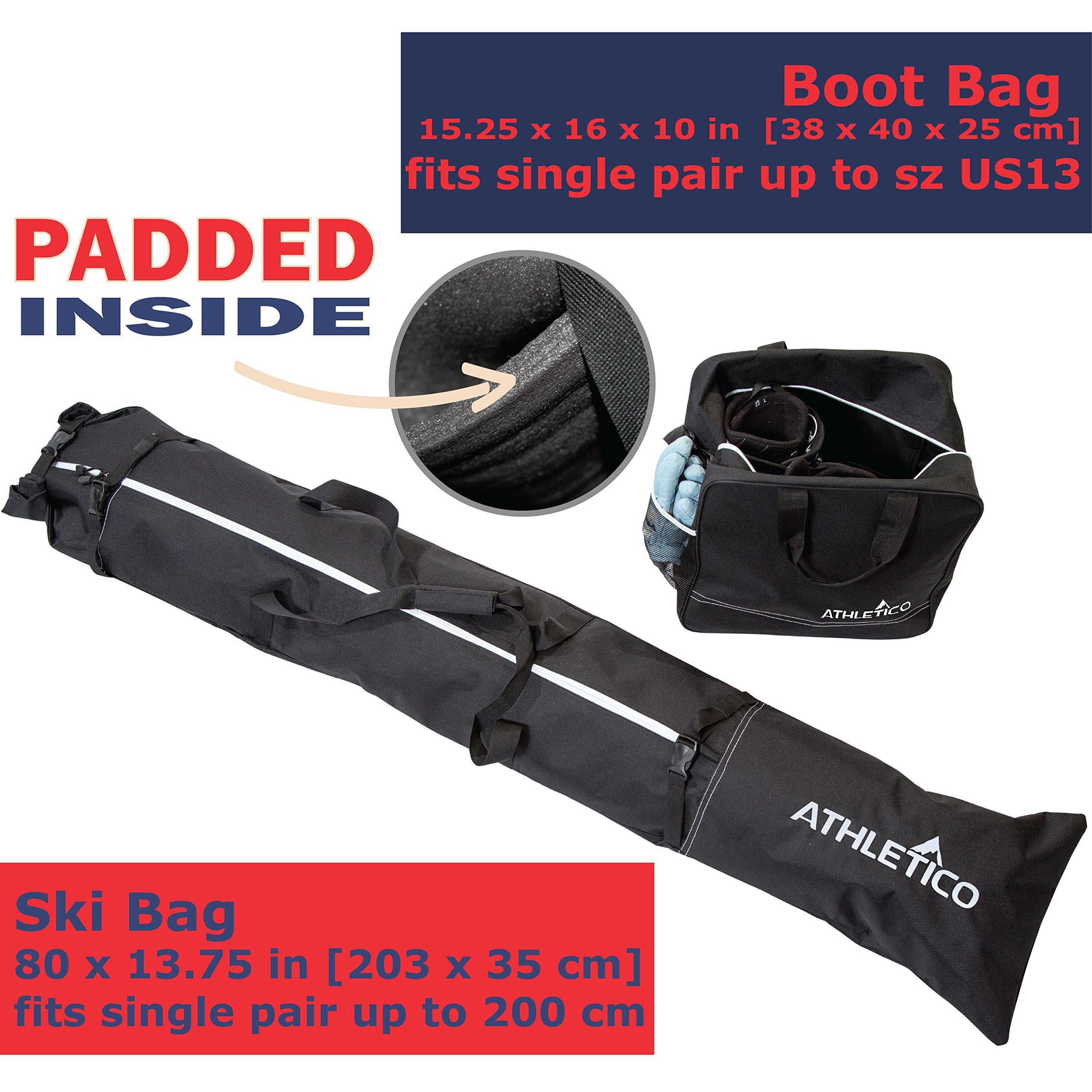 Athletico Padded Ski Bag Combo - Ski Bag & Separate Boot Bag - Store & Transport Skis Up to 200 CM and Boots Up To Size 13 - Padded to Protect All Your Ski Gear and Equipment for Travel (Black)  - Acceptable