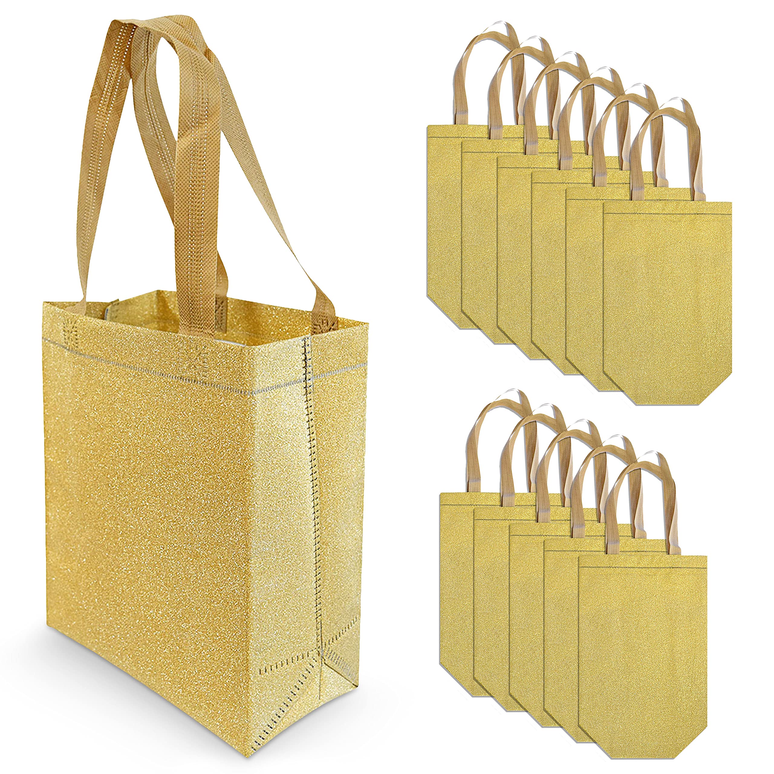 Gold Gift Bags - 12 Pack Small Reusable Gift Bag Tote with Handles, Holographic Glitter Design, Eco Friendly for Christmas & Holiday Gifts, Birthday, Wedding & Party Favors, in Bulk - 8x4x10 - Acceptable