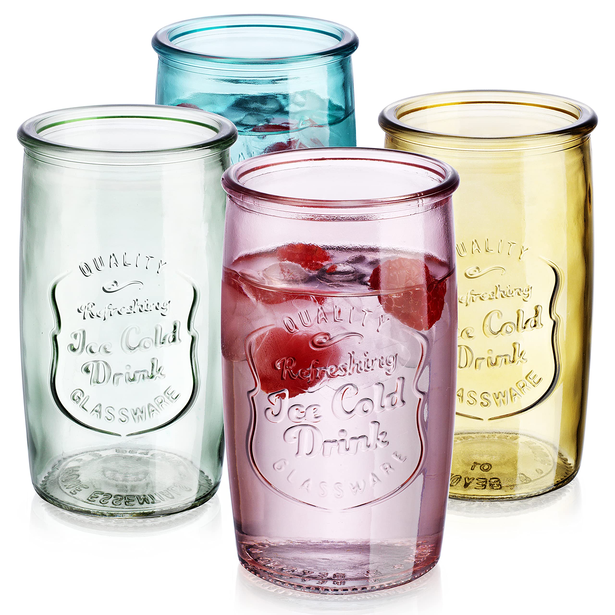 Glaver's Colored Glassware, Ice Cold Drinking Glasses Set of 4 � 18 Oz Vintage Glass Cups for Kitchen, Dining Table � Multi- Colors Glass Tumblers. Hand Wash. - Acceptable