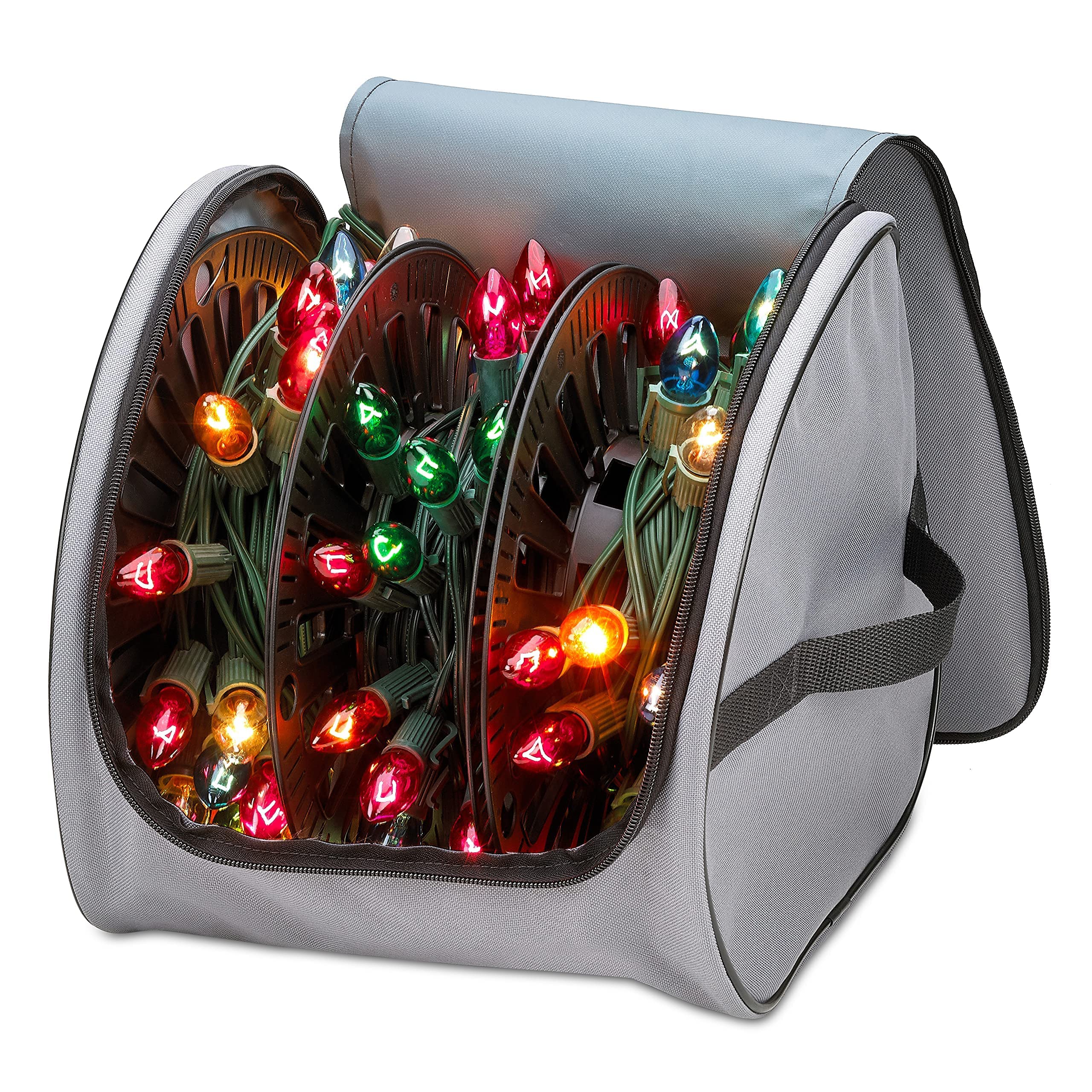 Premium Christmas Light Storage Bag – Heavy Duty Tear Proof 600D/Inside PVC Material with Reinforced Handles - with 3 Reels Stores up to 375 Ft of Mini Christmas Tree Lights & Extension Cords - Like New