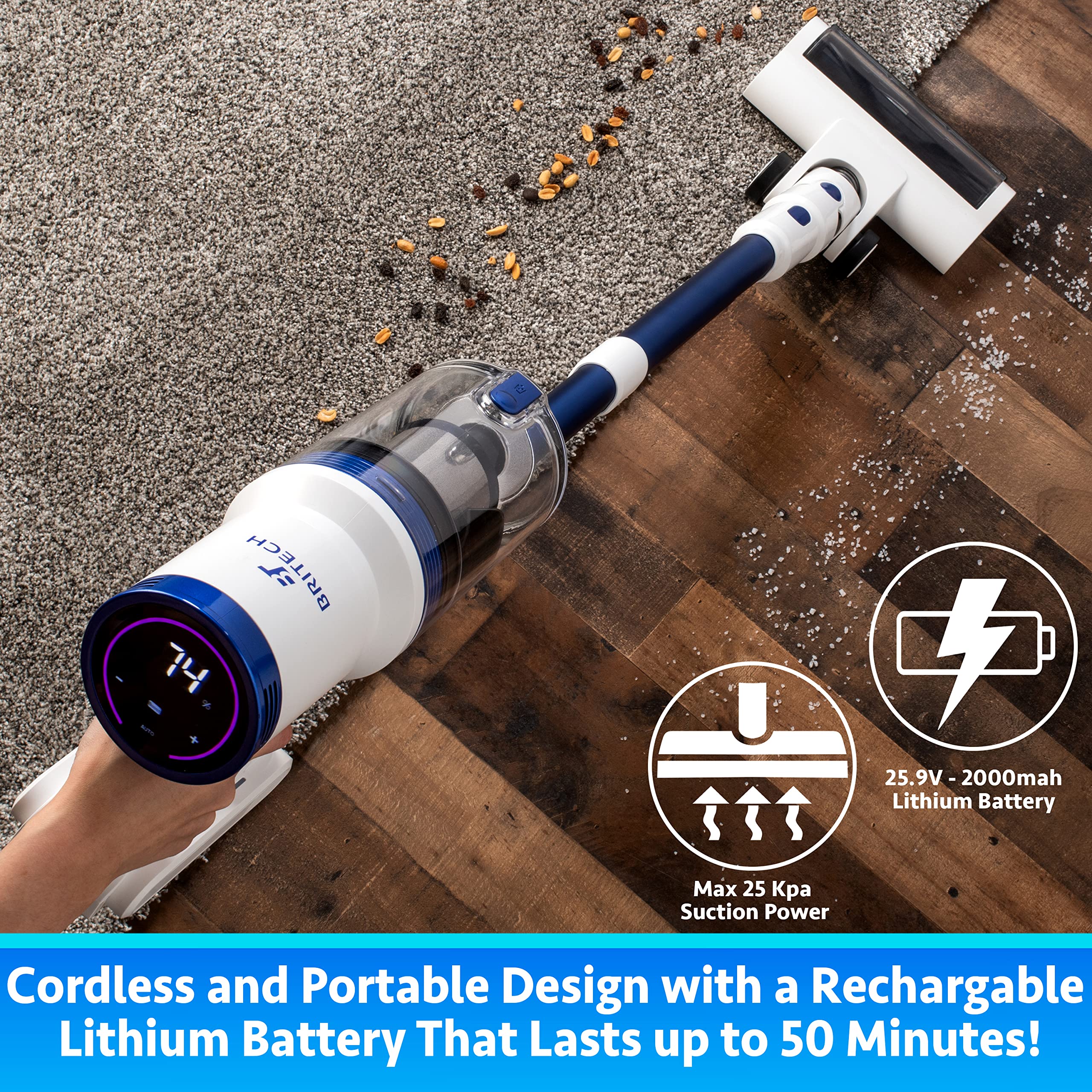 BRITECH Cordless Lightweight Stick Vacuum Cleaner, 300W Motor for Powerful Suction 40min Runtime, LED Display Screen & Headlights, Great for Carpet Cleaner, Hardwood Floor & Pet Hair (Blue)  - Acceptable