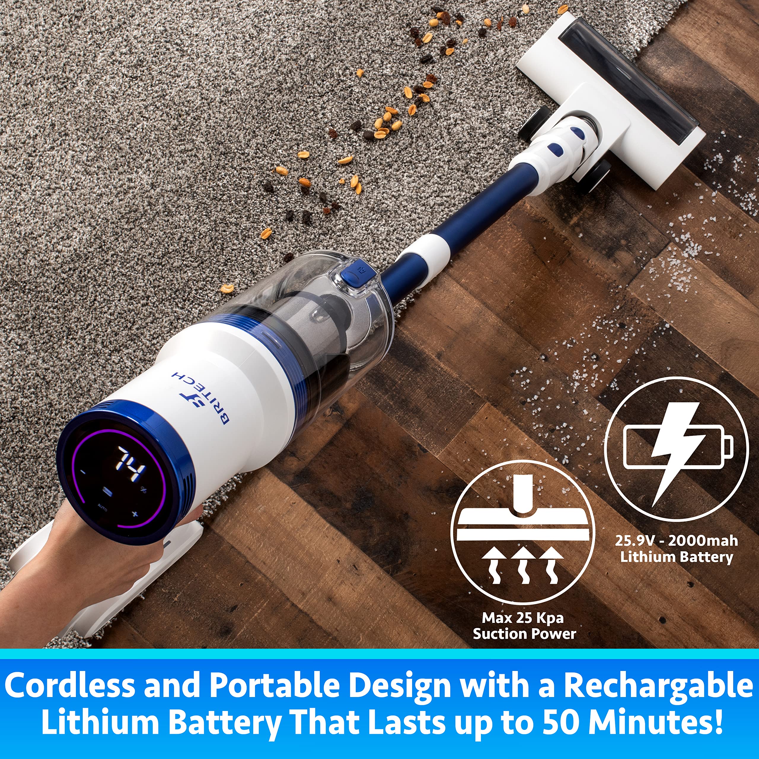 BRITECH Cordless Lightweight Stick Vacuum Cleaner, 300W Motor for Powerful Suction 40min Runtime, LED Display Screen & Headlights, Great for Carpet Cleaner, Hardwood Floor & Pet Hair (Blue) - Like New