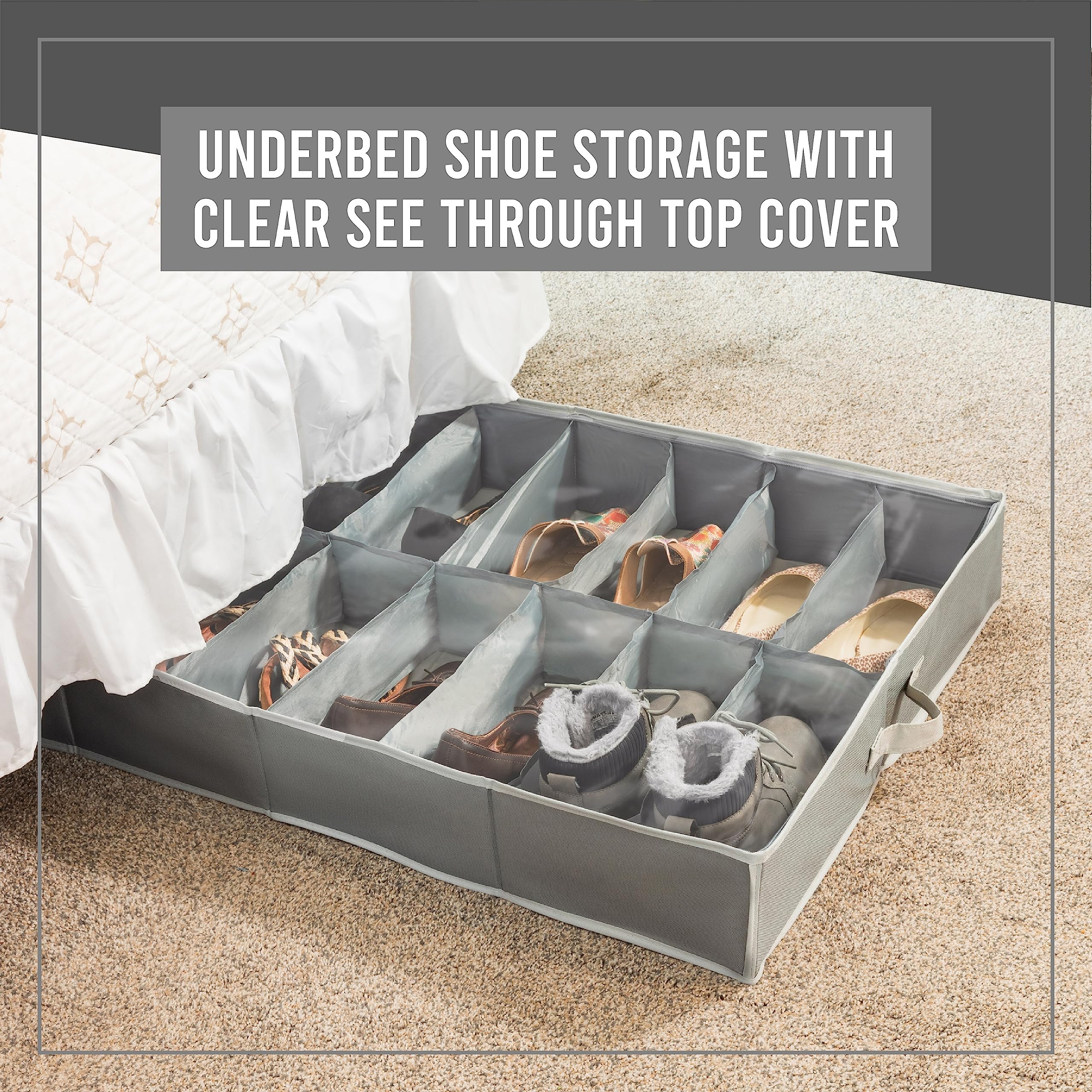Under Bed Shoe Storage Organizer - TEAR-RESISTANT Heavy Duty 600D Material - Fits All Styles Men's and Women's Shoes, Up to 16 Pairs - Extra-Strong Zipper - Grey - Perfect for College Dorms - Like New