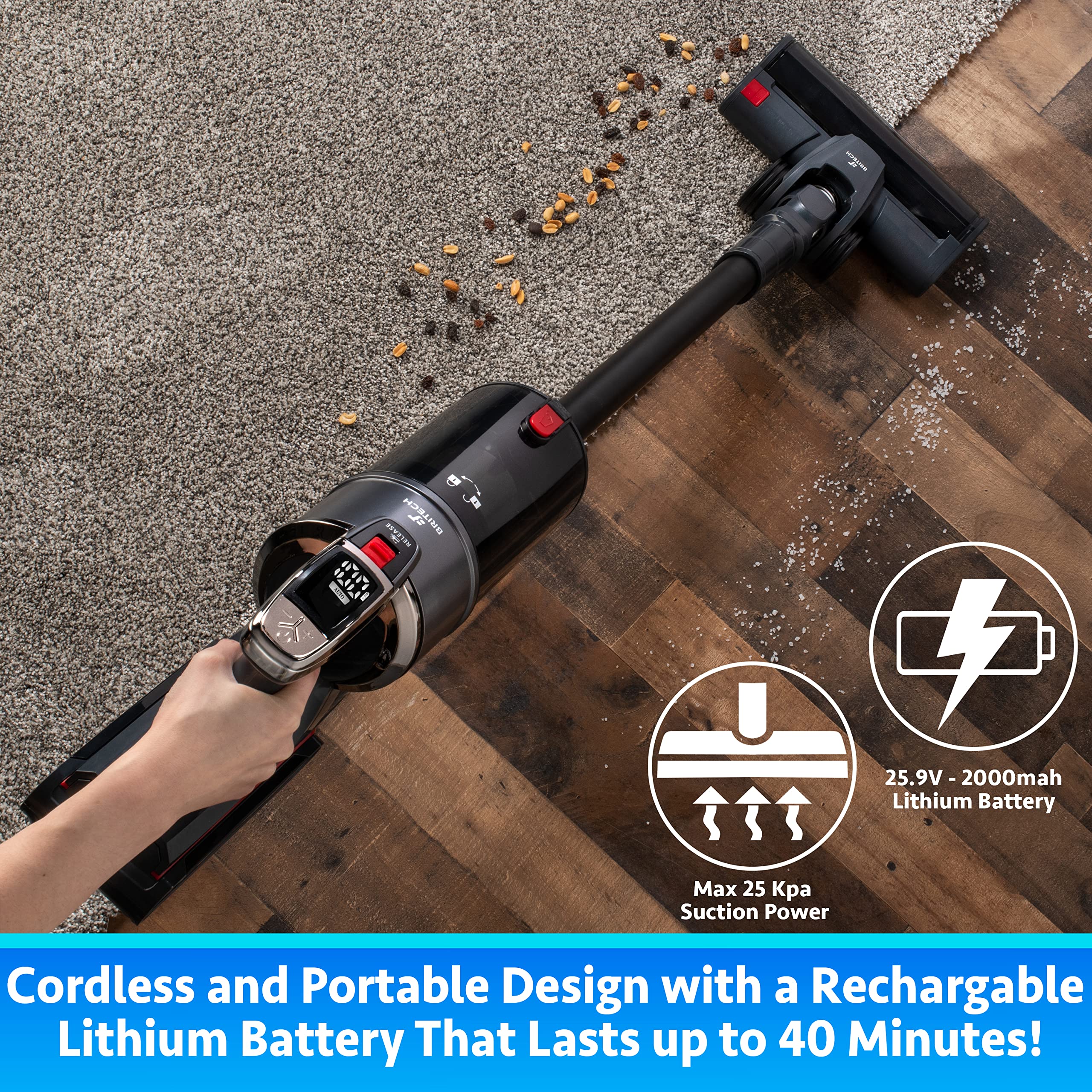 BRITECH Cordless Lightweight Stick Vacuum Cleaner, 500W Motor for Powerful Suction 40min Runtime, LED Display Screen & Headlights, Great for Carpet Cleaner, Hardwood Floor & Pet Hair - Like New