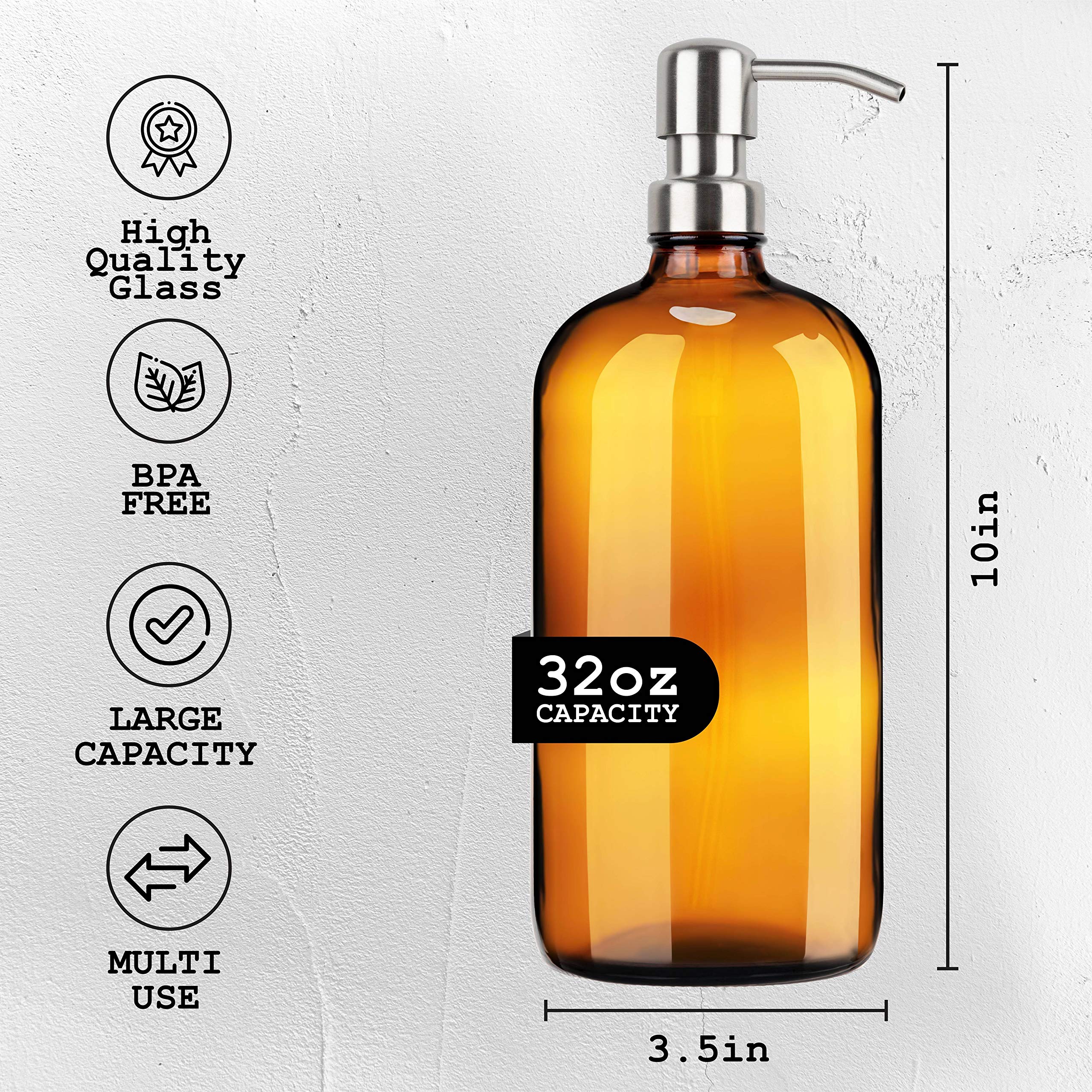 Kitchentoolz Amber Glass Soap Dispenser 4 Pack 32 Ounce Bottles Rustproof Stainless Steel Pump, Funnel. Modern Farmhouse Vintage Jar, Bathroom Kitchen Accessories with Waterproof Labels - Like New