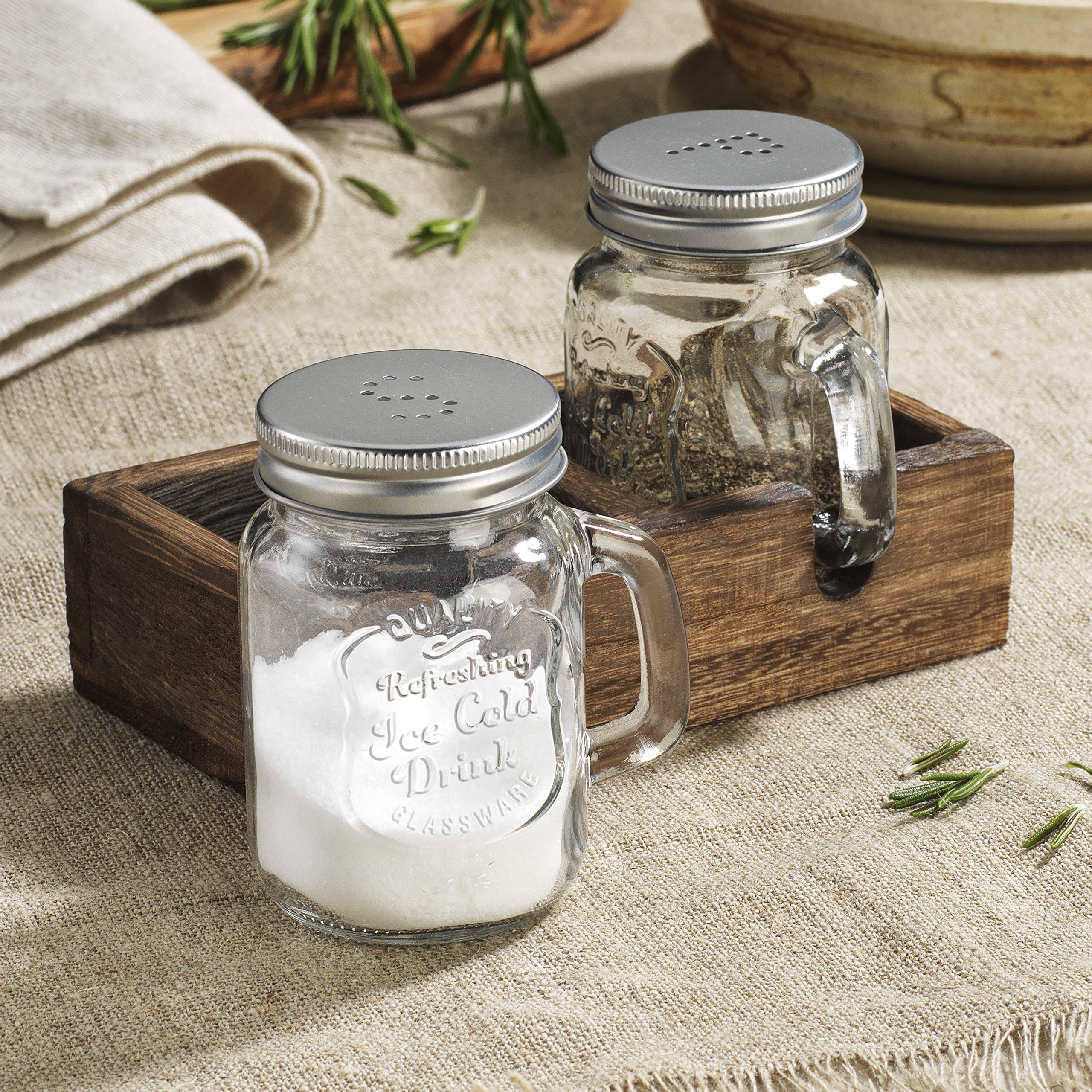 MosJos Mason Jar Salt and Pepper Shakers - Vintage Glass Condiment Dispenser Set with Wooden Holder Caddy - Farmhouse Kitchen Decor, Easy Refill 5-ounce Capacity with Stainless Steel Lids - Like New