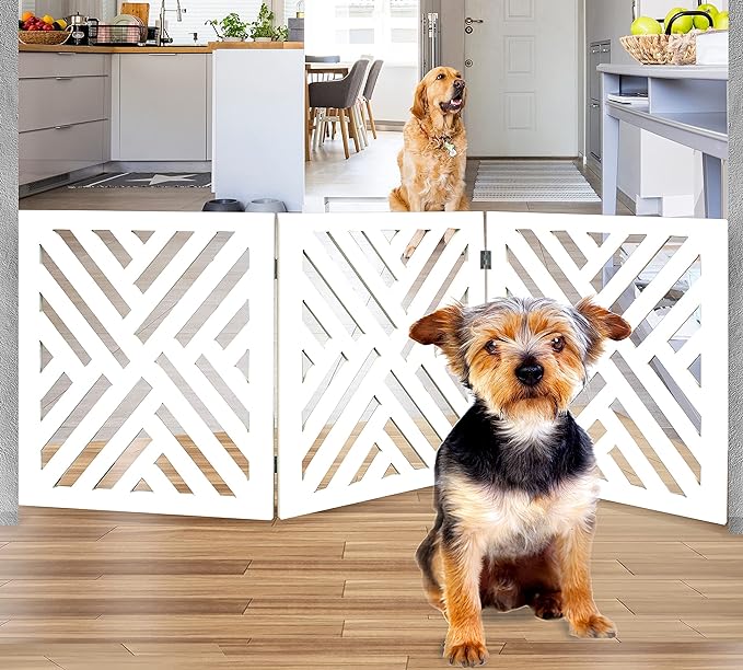 Bundaloo Freestanding Dog Gate Expandable Decorative Wooden Fence for Small to Medium Pet Dogs, Barrier for Stairs, Doorways, & Hallways (Lattice - White)