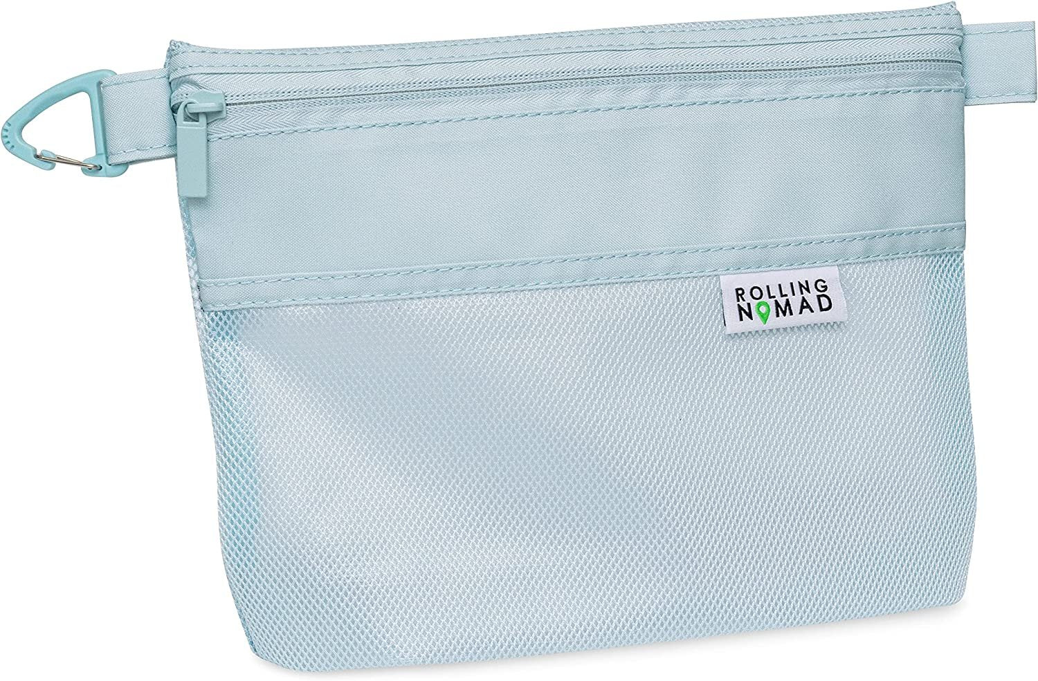 Mesh Zipper Pouch - Medium Light Blue Water Resistant Storage & Toiletry Bag with Zipper, Durable Clip for Travel, Luggage, Beach, Toiletries, Office Supplies Organizer, Pencil Holder - 10.2x7.6x0.4