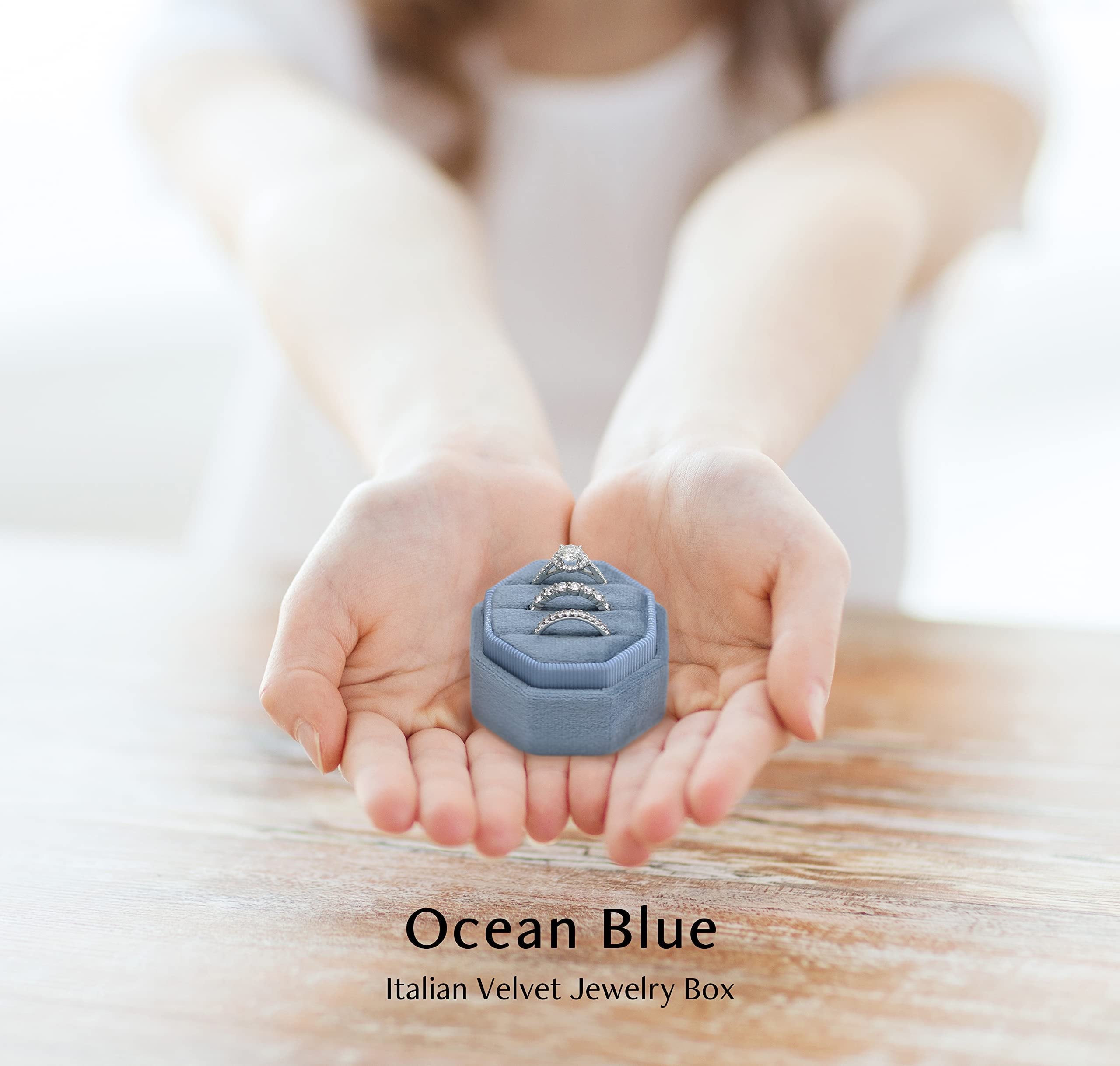 BLUTETE Velvet 3 Slots Jewelry Ring Box Engagement Wedding Box Keepsake Box Bridal Photo Ring Triple Slots Octagon (Ocean Blue)