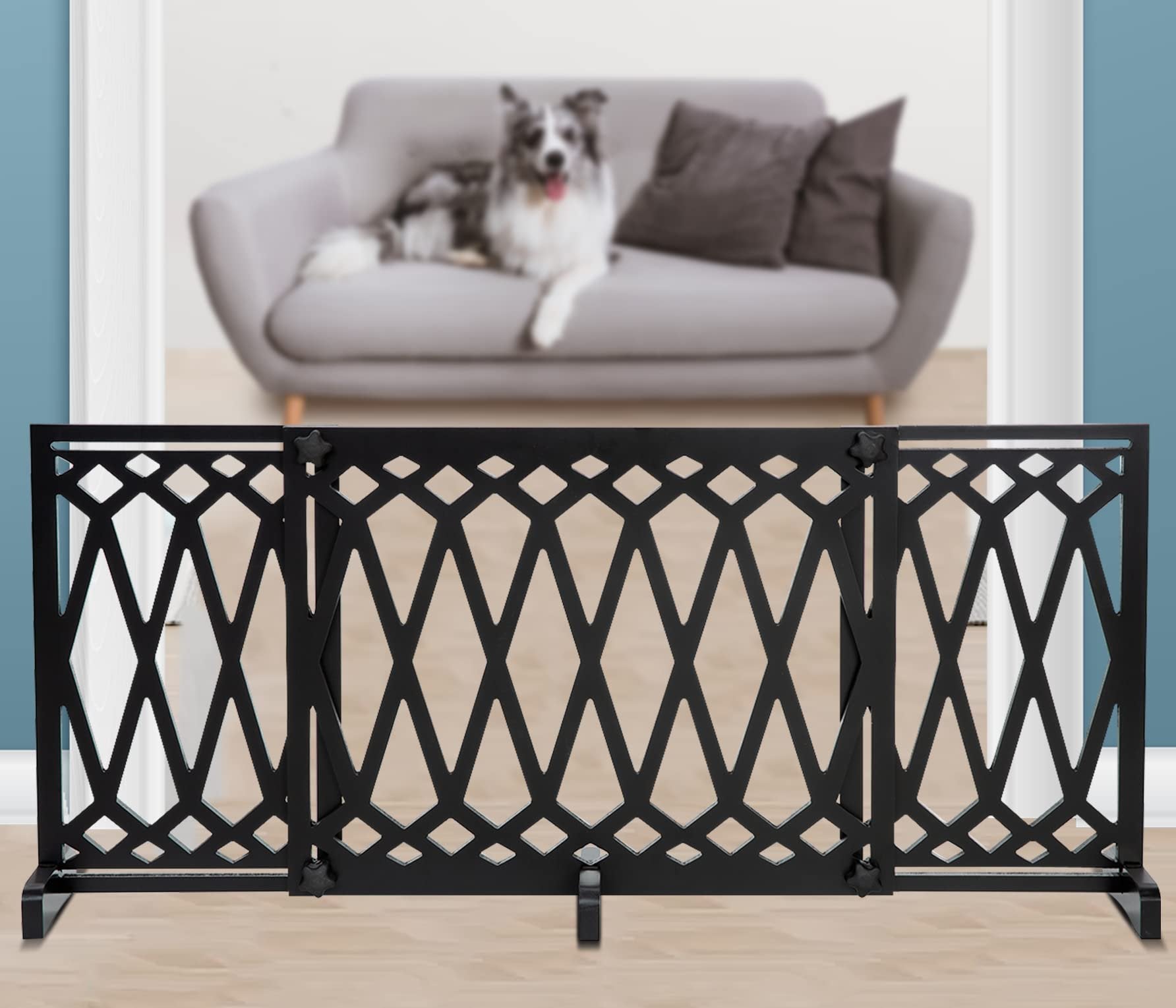 Bundaloo Freestanding Dog Gate Expandable Wooden Fence for Small to Medium Pet Dogs, Adjustable Pet Barrier for Stairs, Doorways, & Hallways (Diamond) (White)
