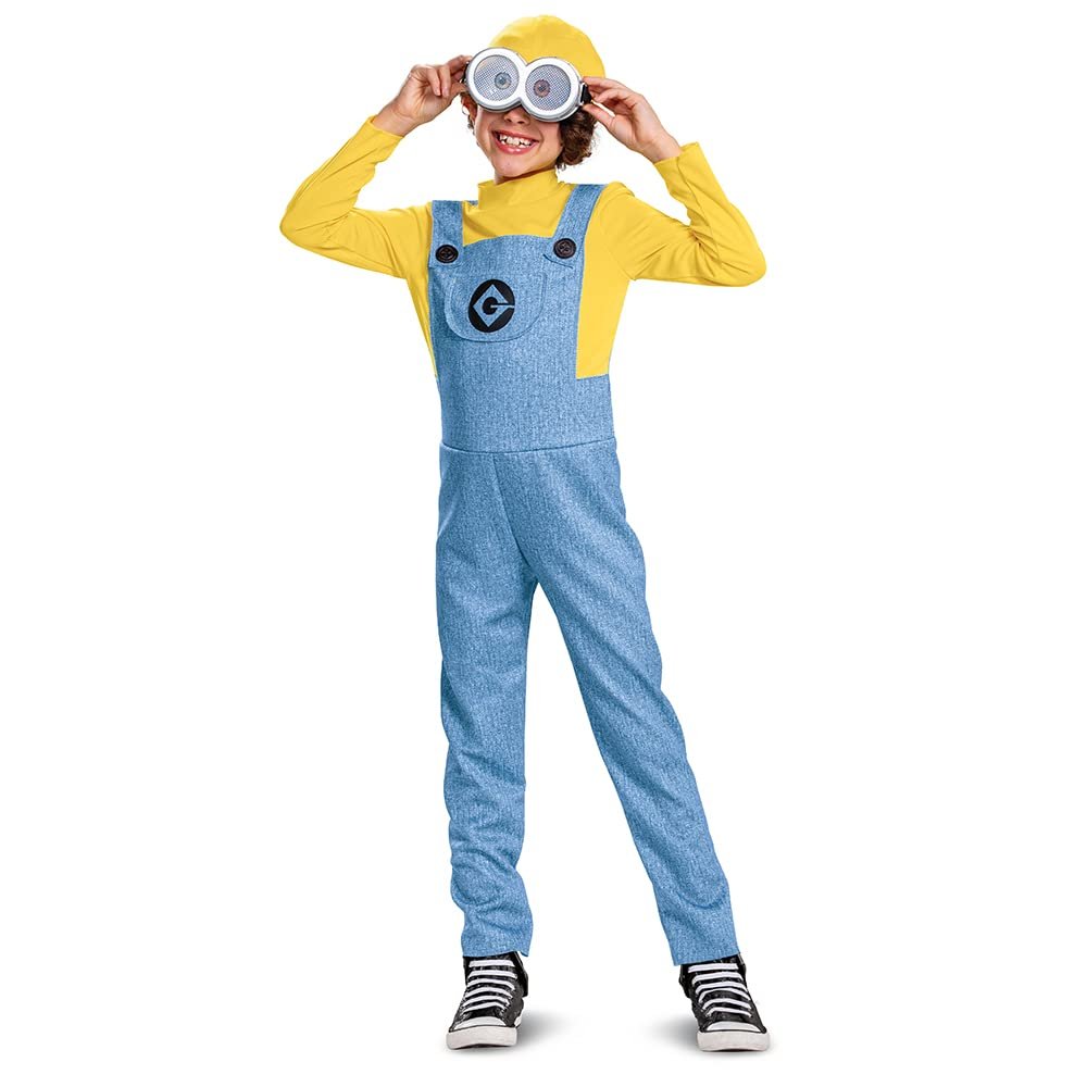 Bob Minions Costume for Kids, Official Minion Jumpsuit Outfit with Goggles and Hat, Classic Size Large (10-12) Multicolored