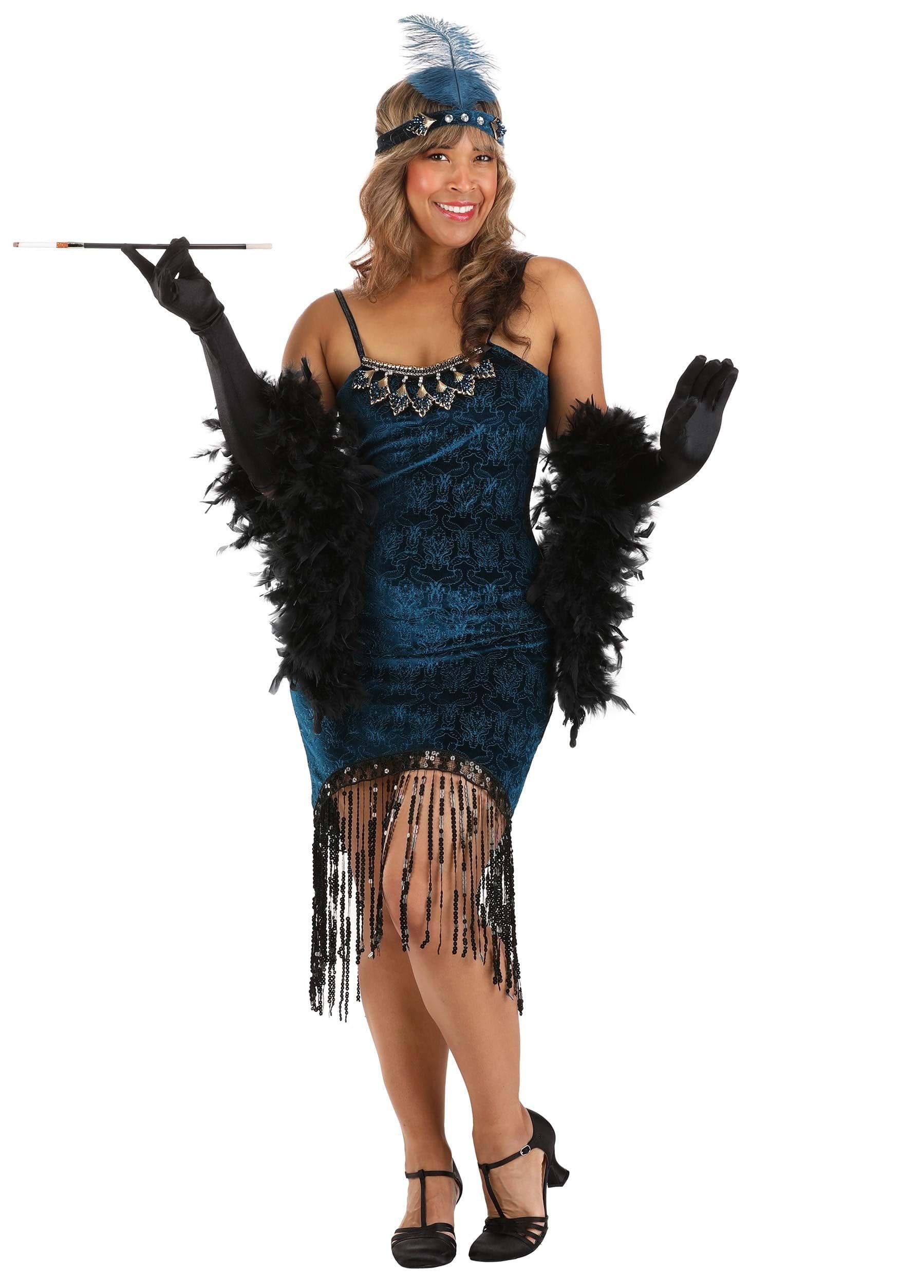 Dreamgirl Adult Womens Dress Flapper Costume, 20s Great Gatsby, Downtown Doll Halloween Costume, Blue - X-Large