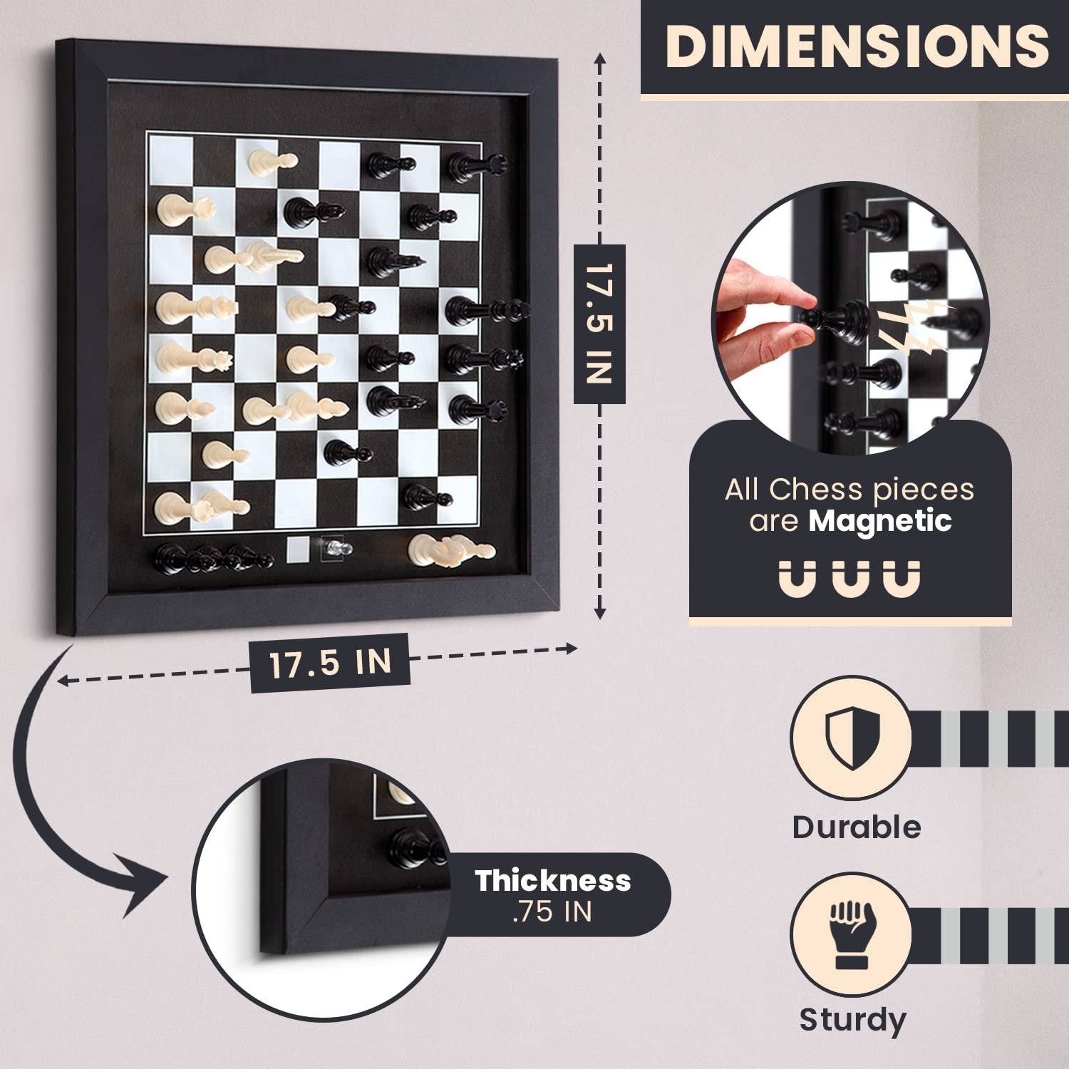 Bundaloo Hanging Magnetic Wall Chess Set - Wooden Board with Black & White Game Pieces - Chessboard Playing Art & Decor for Home and Office
