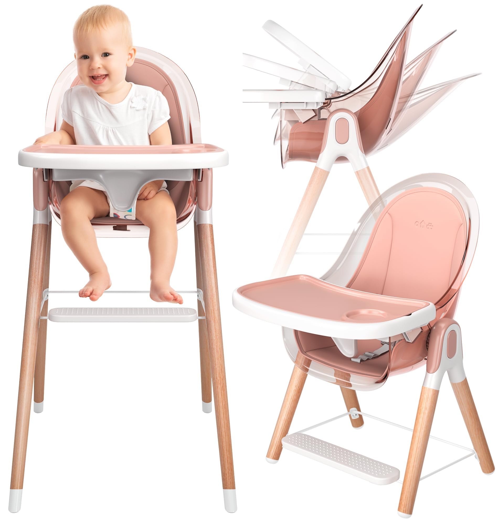 Children of Design 6 in 1 Deluxe Wooden High Chair for Babies & Toddlers Modern Safe Compact Baby Highchair, Easy to Clean, Removable Tray & Cushion, 6 Options 3 Seat Positions 2 Heights (Pink)