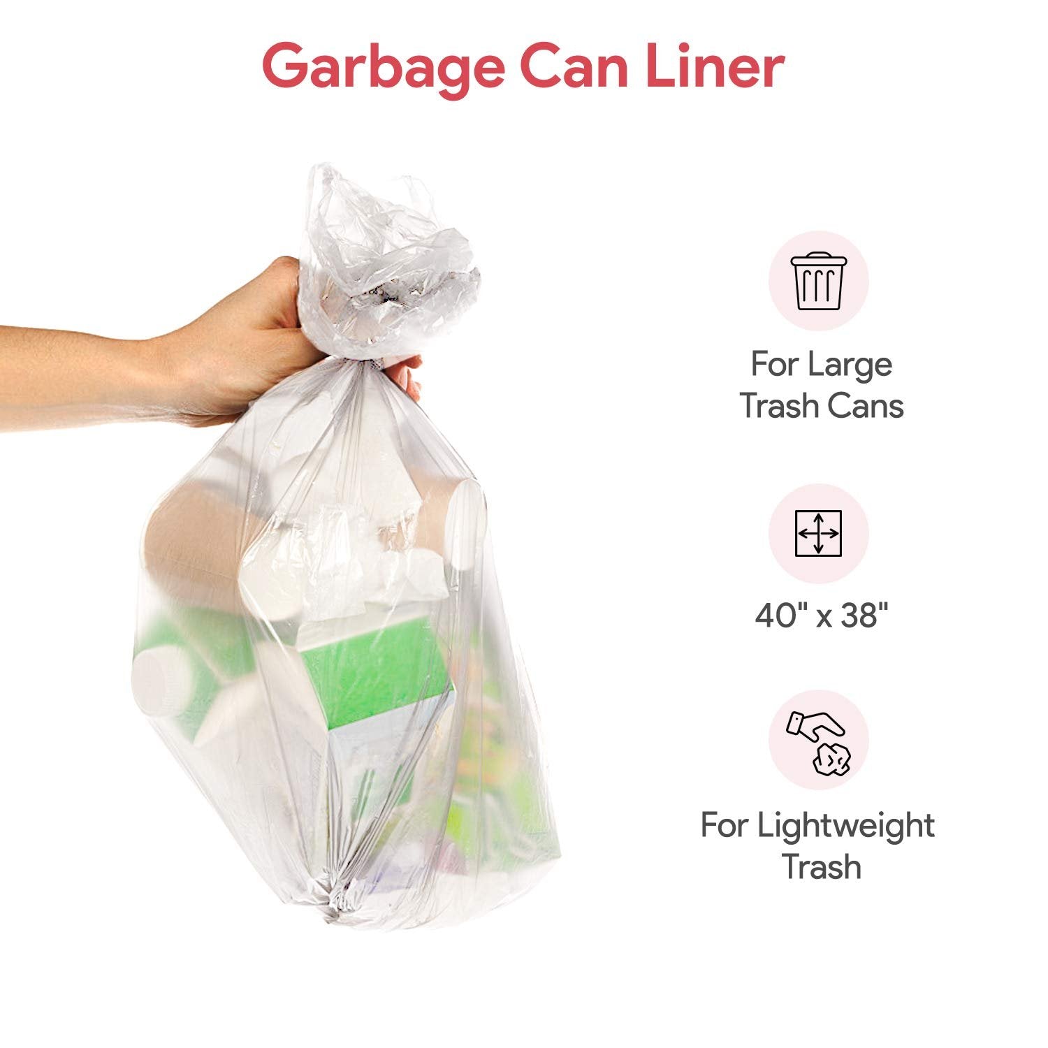 40-46 Gallon Clear Garbage Can Liners, 125 Count - Large Trash Can Liners - High Density, Thin, Lightweight, 16 Microns - For Office, Home, Hospital Wastebaskets - 5 Coreless Rolls