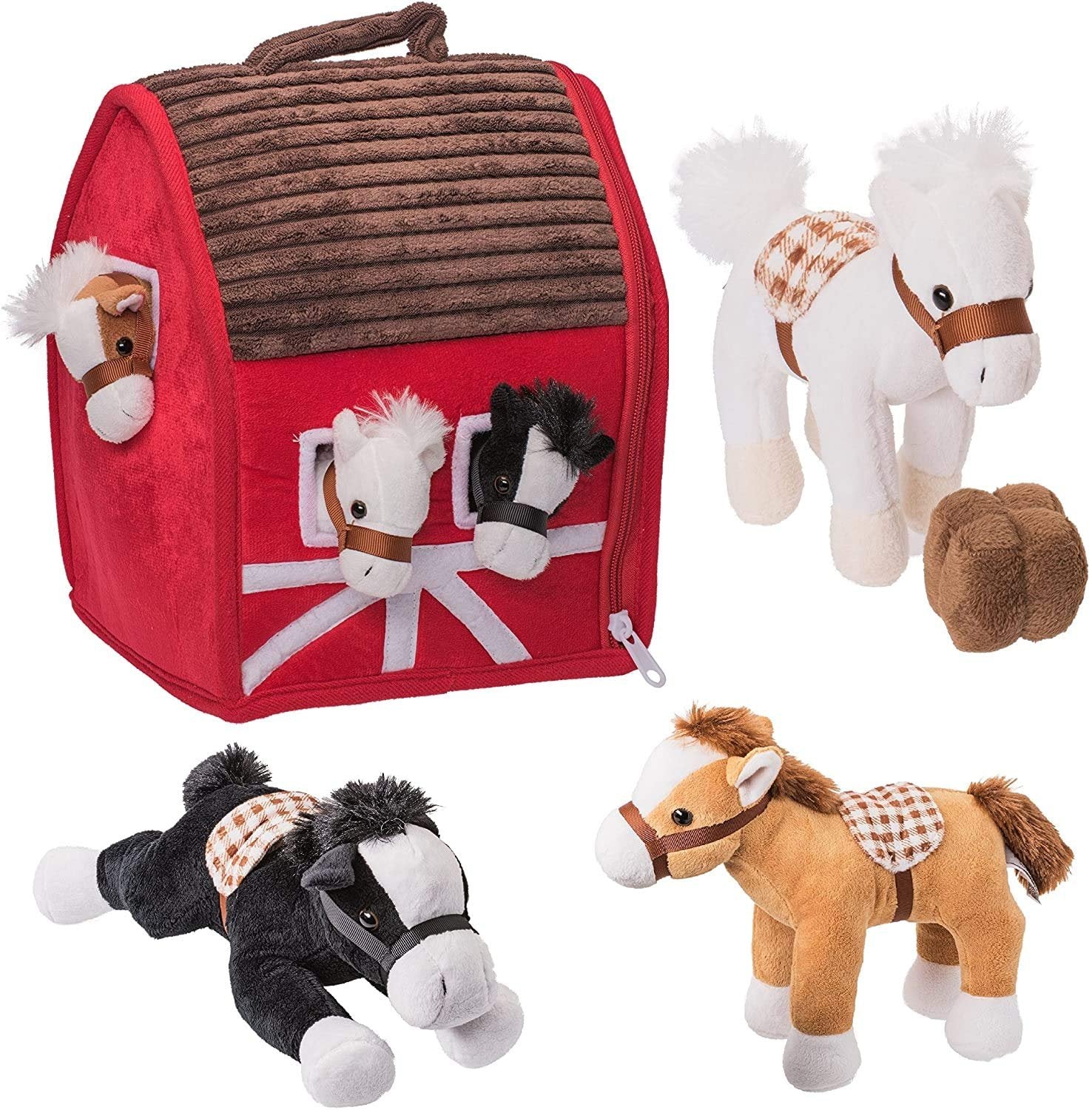 Prextex Plush Farm House with Soft and Cuddly 5" Plush Horses, Farm Boy, and Farm House Barn House Carry Along Case