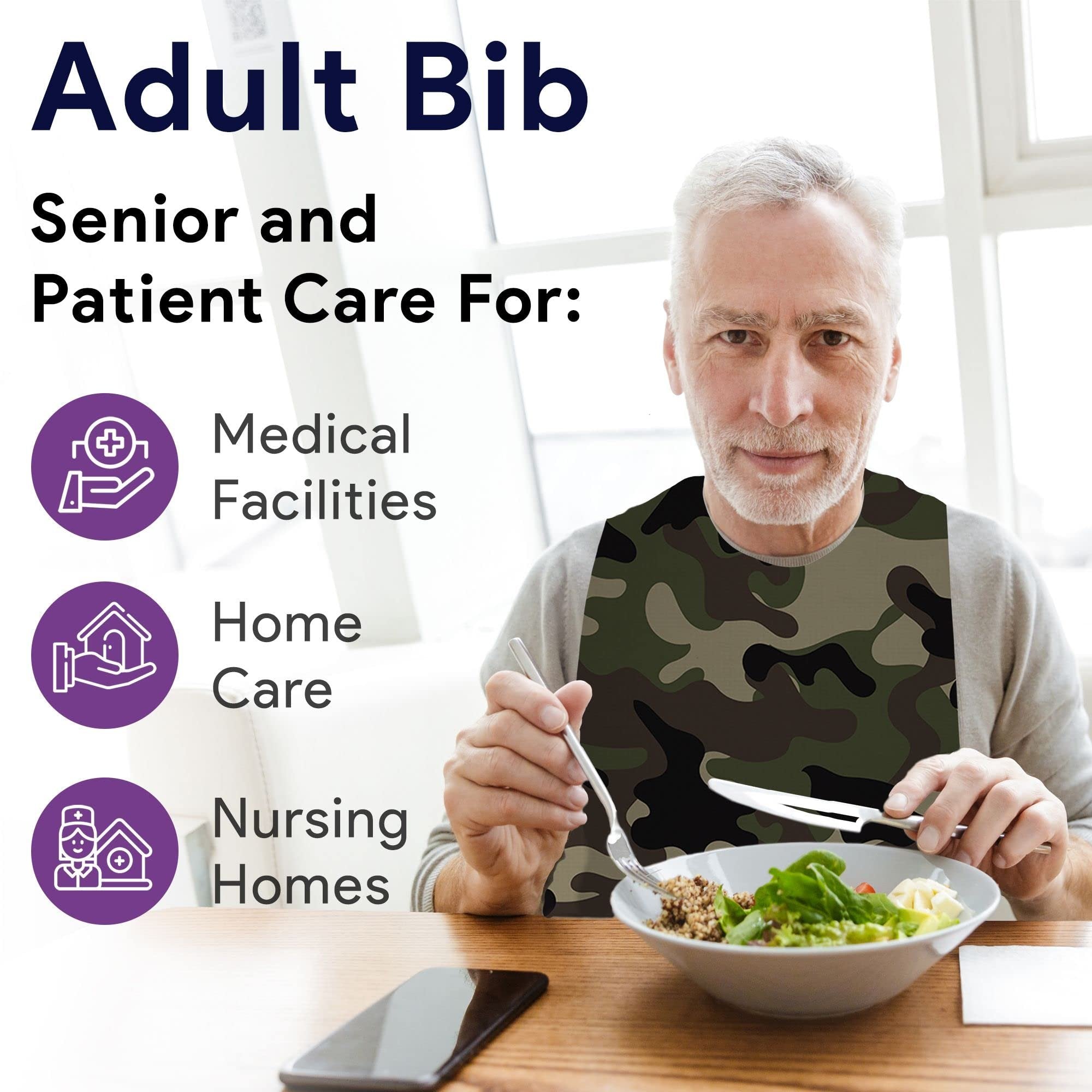 ProHeal Disposable Bibs For Adults, 50 Pack - Tie Back, 16" x 33" - Absorbent Tissue Front, Water Resistant Poly Backing - Adult Disposable Bibs for Eating, Dental Apron, And Senior Citizens - Camo